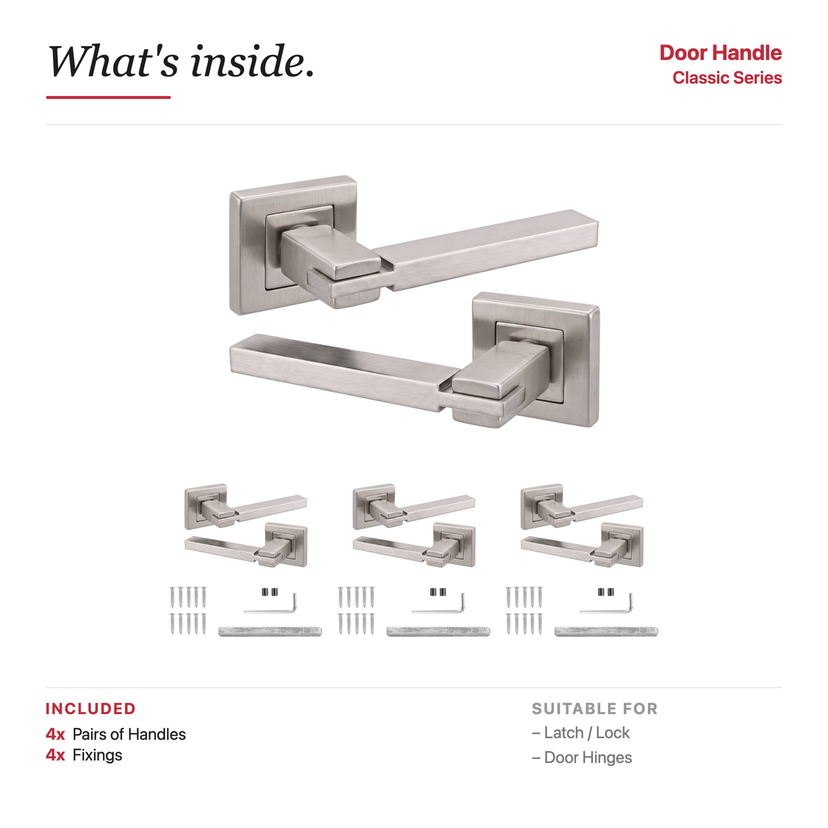 Nexus Satin Nickel Door Lever Handles – showing what's included in the box
