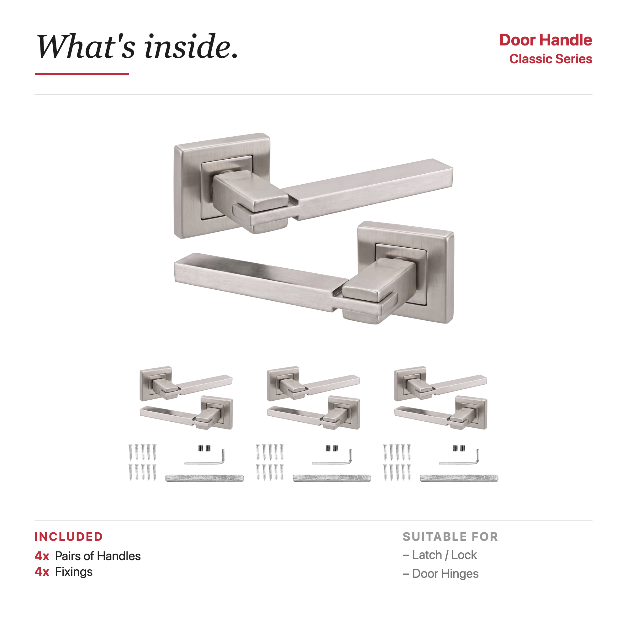 Nexus Satin Nickel Door Lever Handles – showing what's included in the box