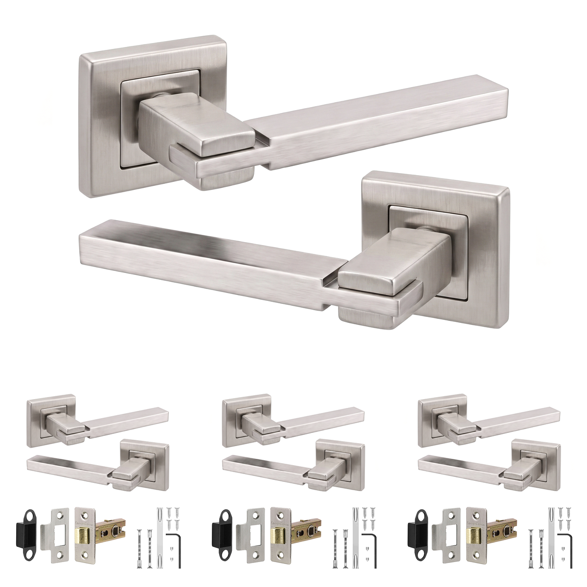Nexus Satin Nickel Passage Door Lever Handles - Latch Kit 76mm - Pack of 4