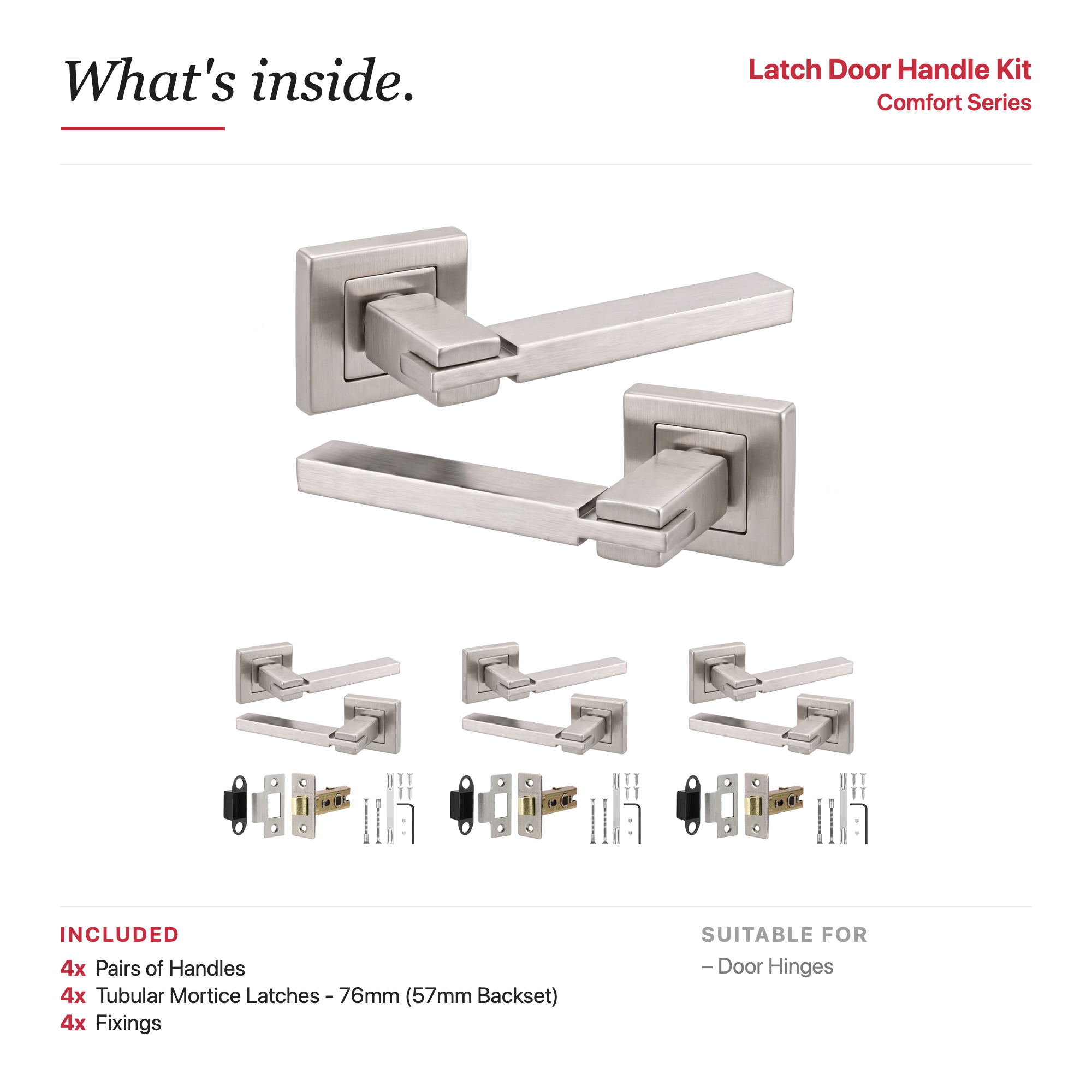 Nexus Satin Nickel Passage Door Lever Handles – showing what's included in the box