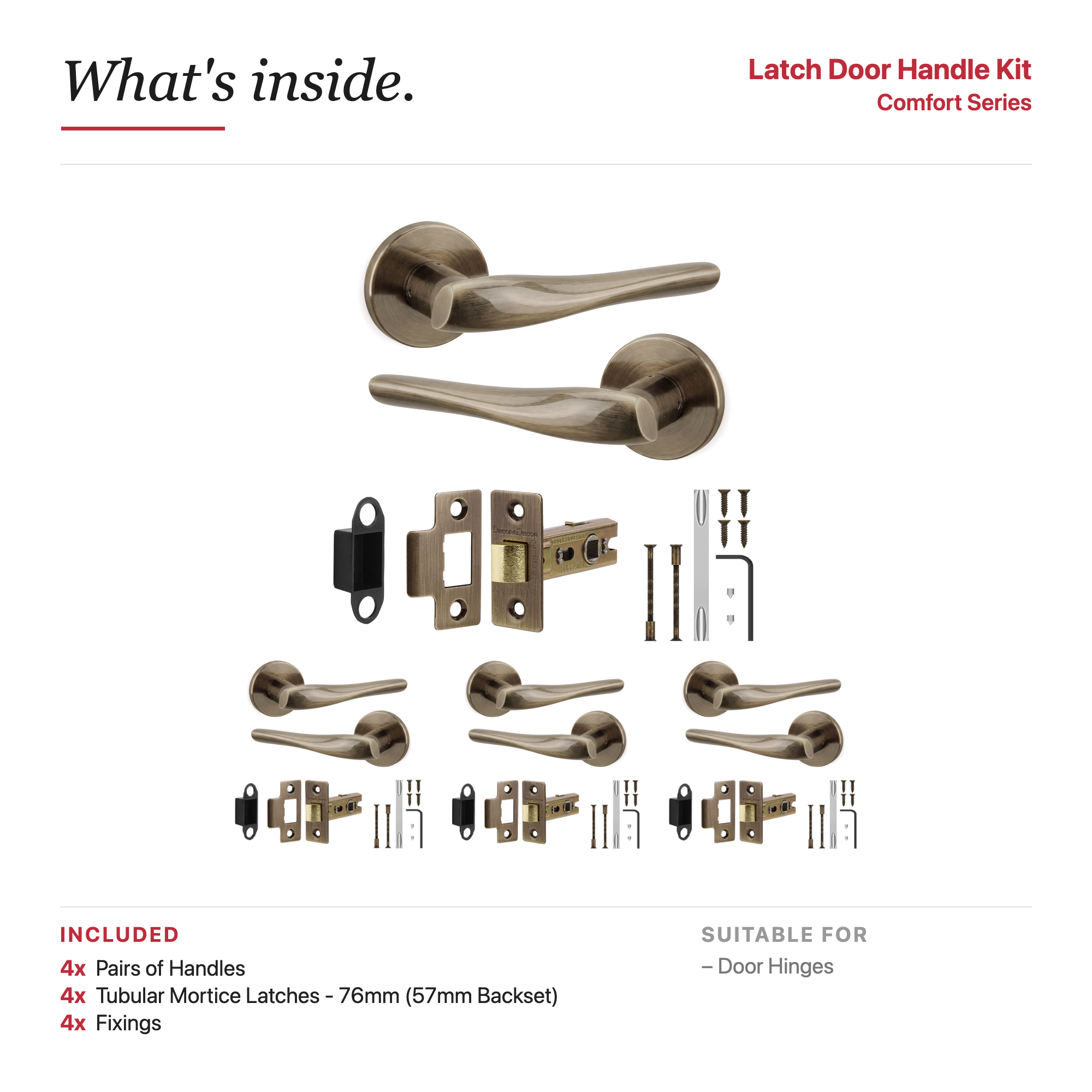 Nanda Antique Brass Passage Door Lever Handles – showing what's included in the box