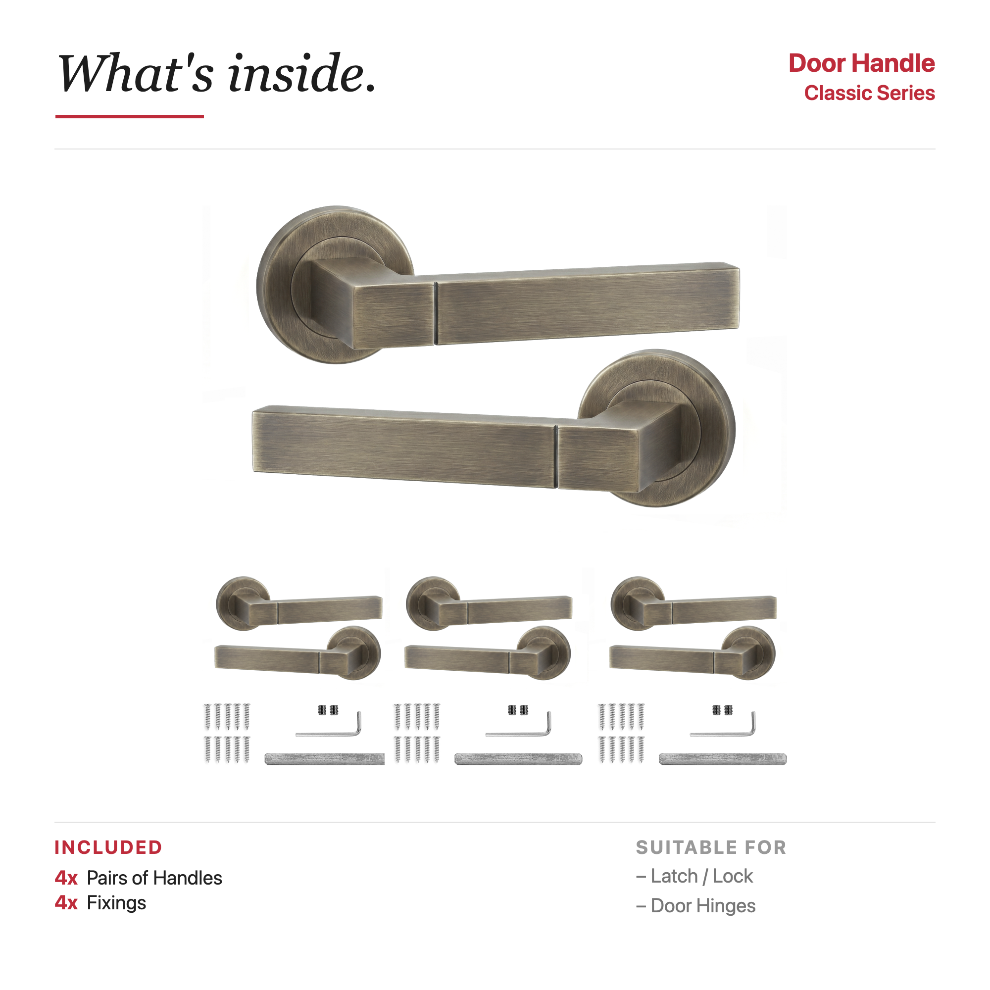 Lumina Antique Brass Door Lever Handles – showing what's included in the box