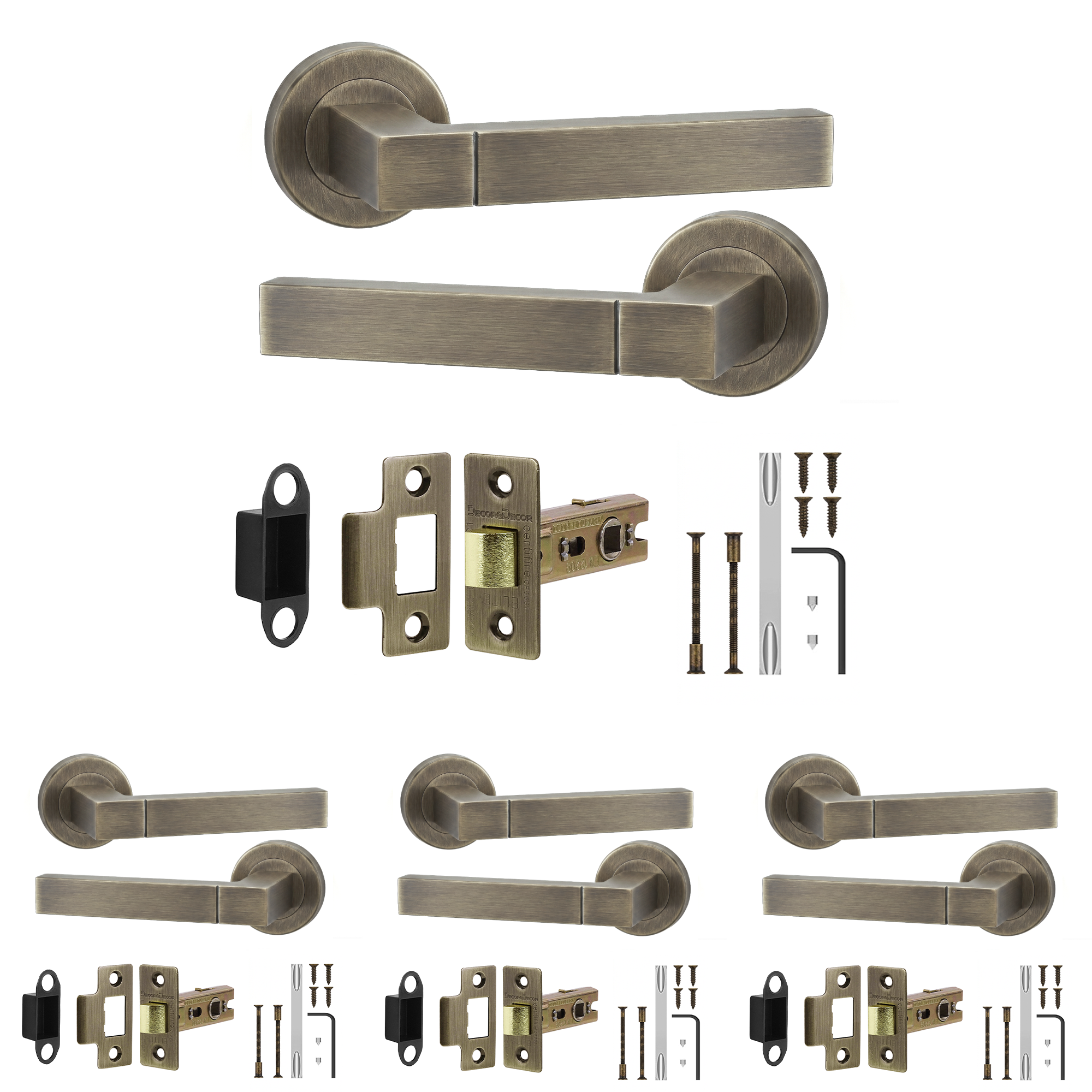 Lumina Antique Brass Passage Door Lever Handles - Latch Kit 76mm - Pack of 4