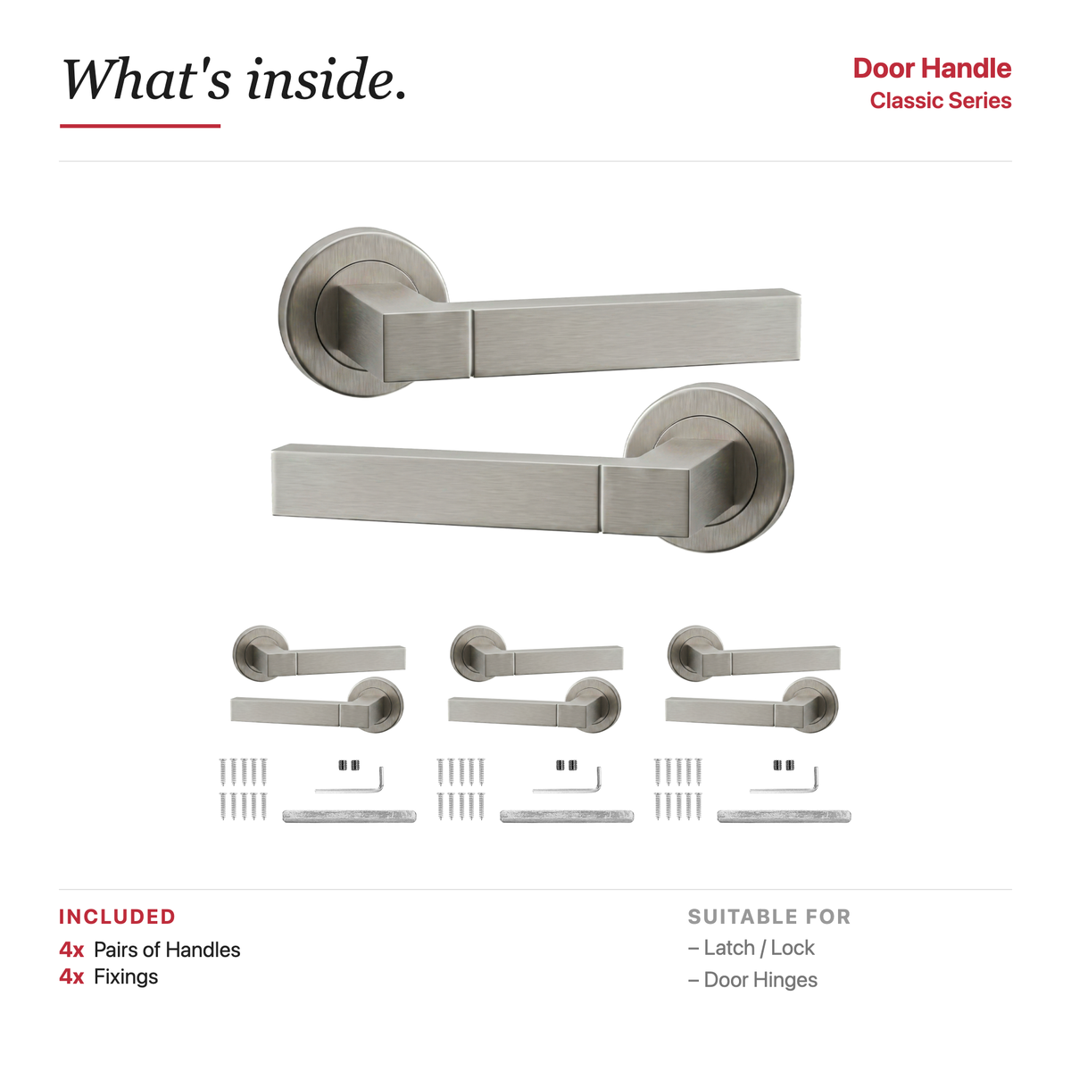 Lumina Satin Nickel Door Lever Handles – showing what's included in the box
