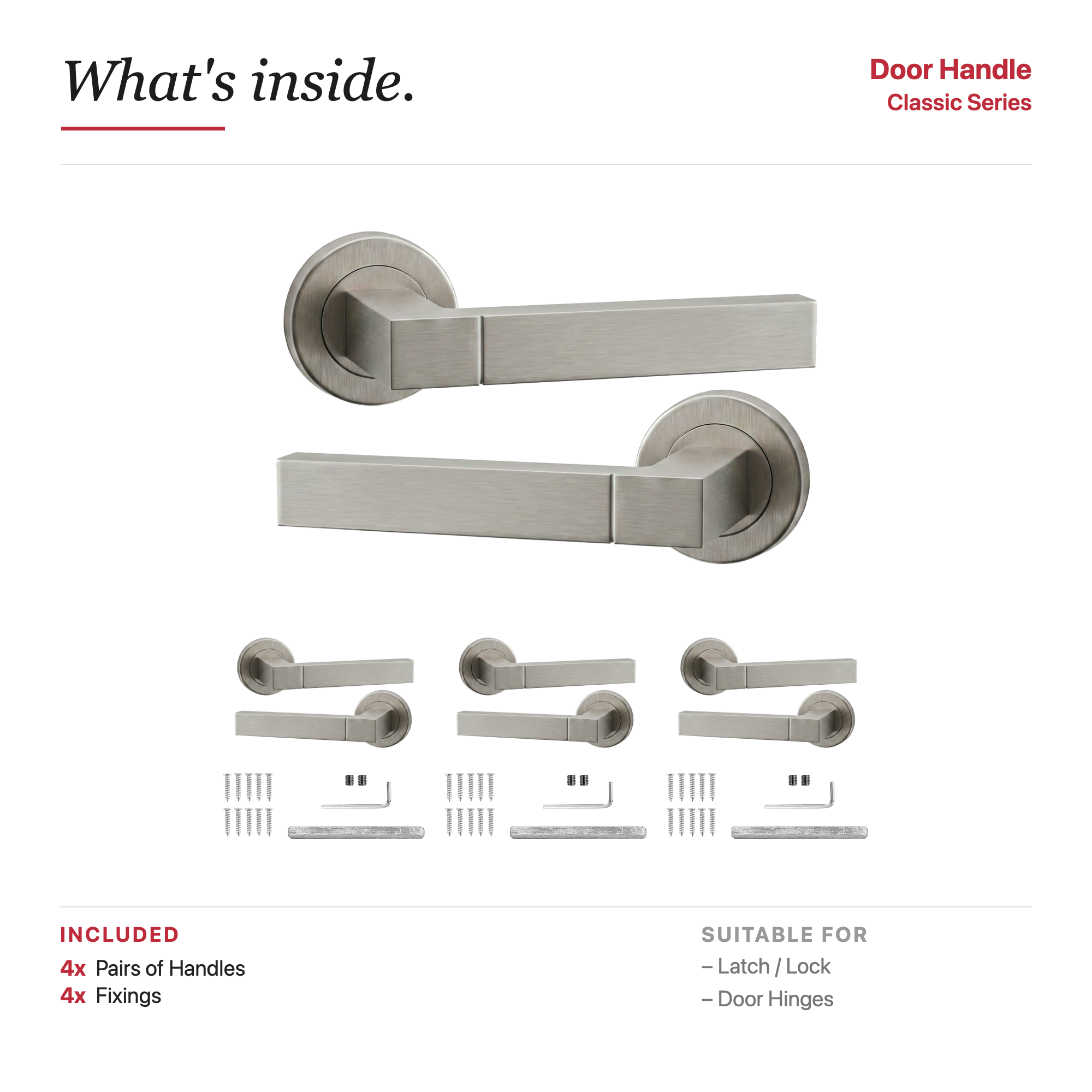 Lumina Satin Nickel Door Lever Handles – showing what's included in the box
