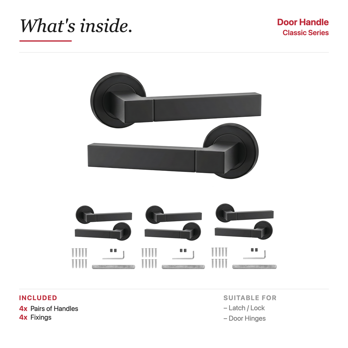 Lumina Matt Black Door Lever Handles – showing what's included in the box