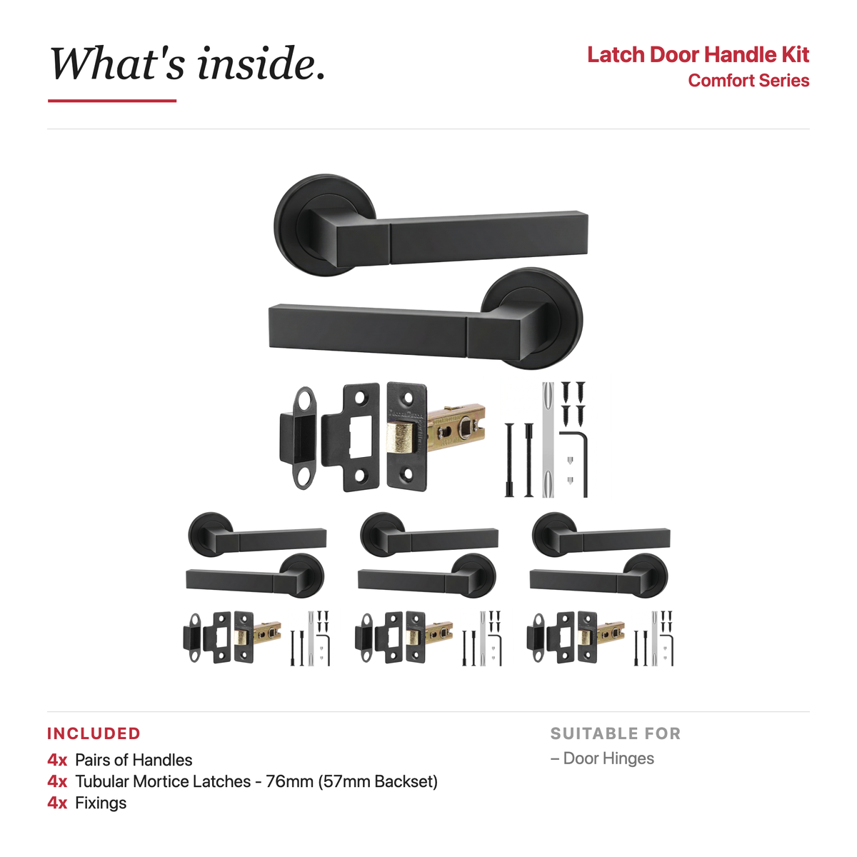 Lumina Matt Black Passage Door Lever Handles – showing what's included in the box