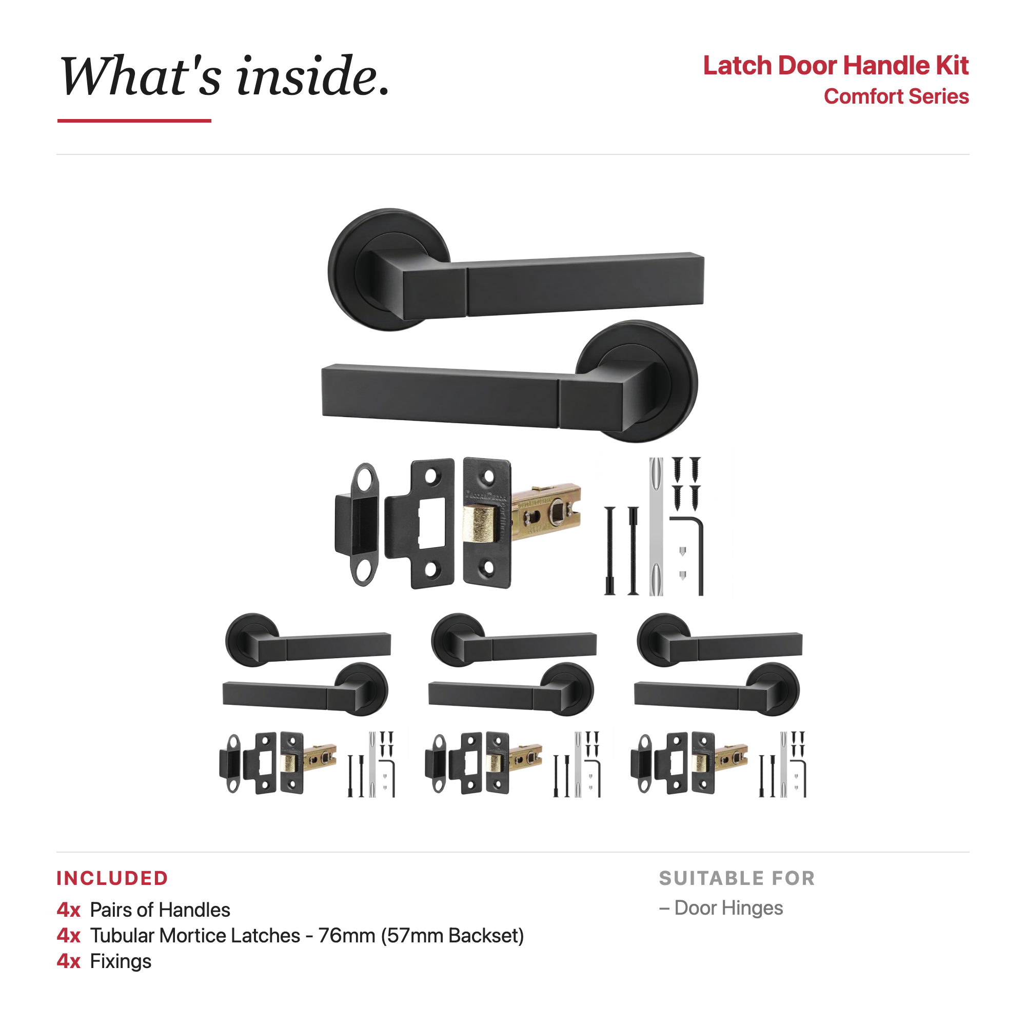 Lumina Matt Black Passage Door Lever Handles – showing what's included in the box