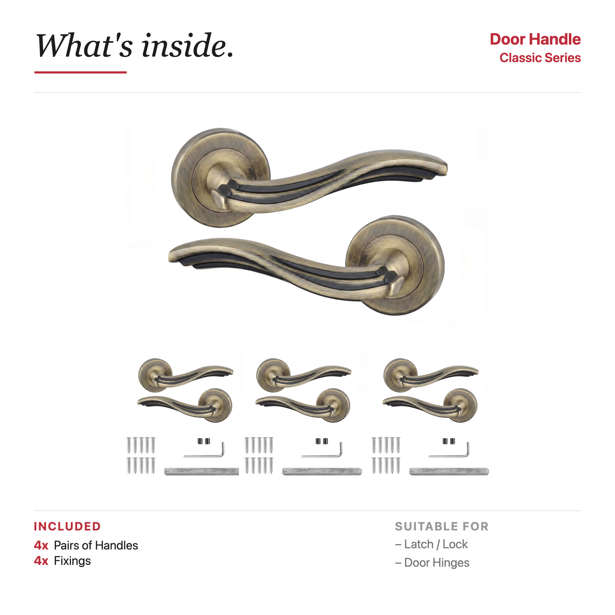 Solace Antique Brass Door Lever Handles – showing what's included in the box