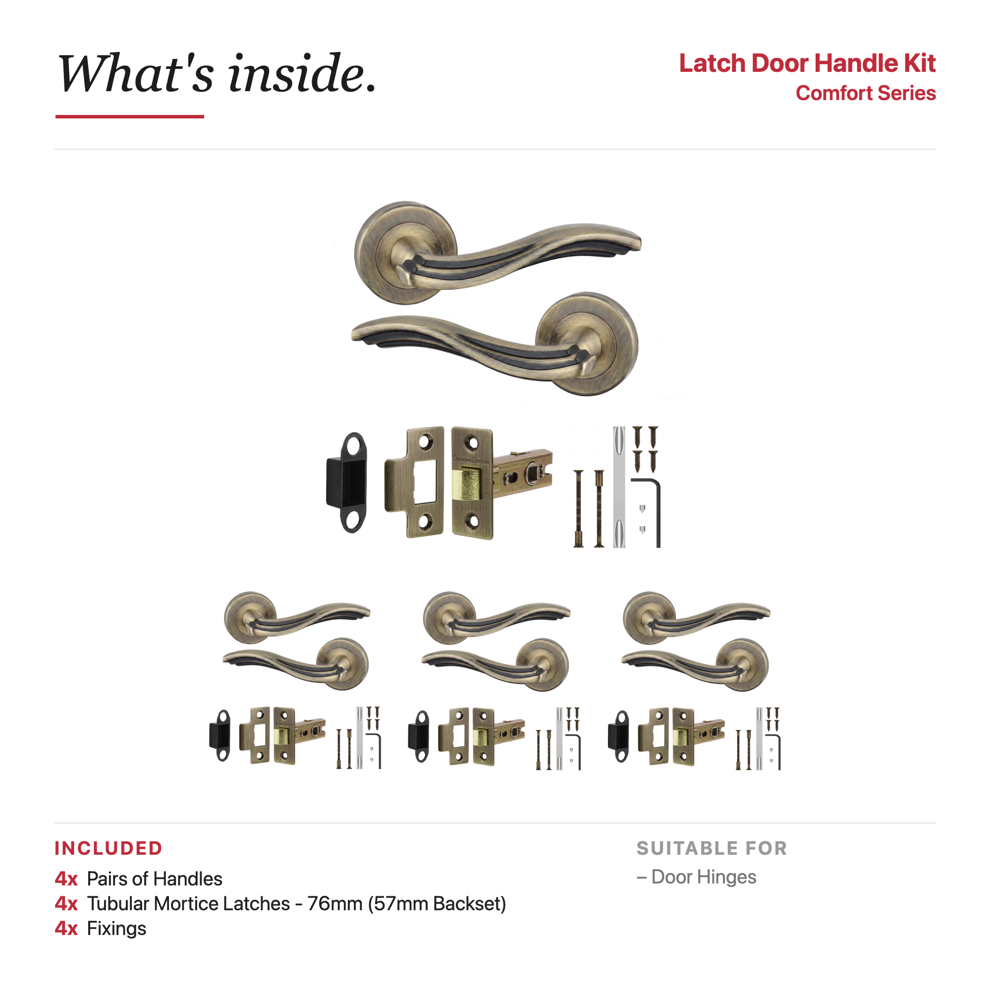 Solace Antique Brass Passage Door Lever Handles – showing what's included in the box