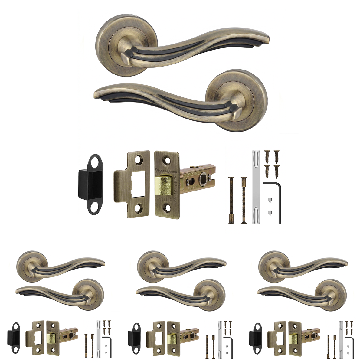 Solace Antique Brass Passage Door Lever Handles - Latch Kit 64mm - Pack of 4