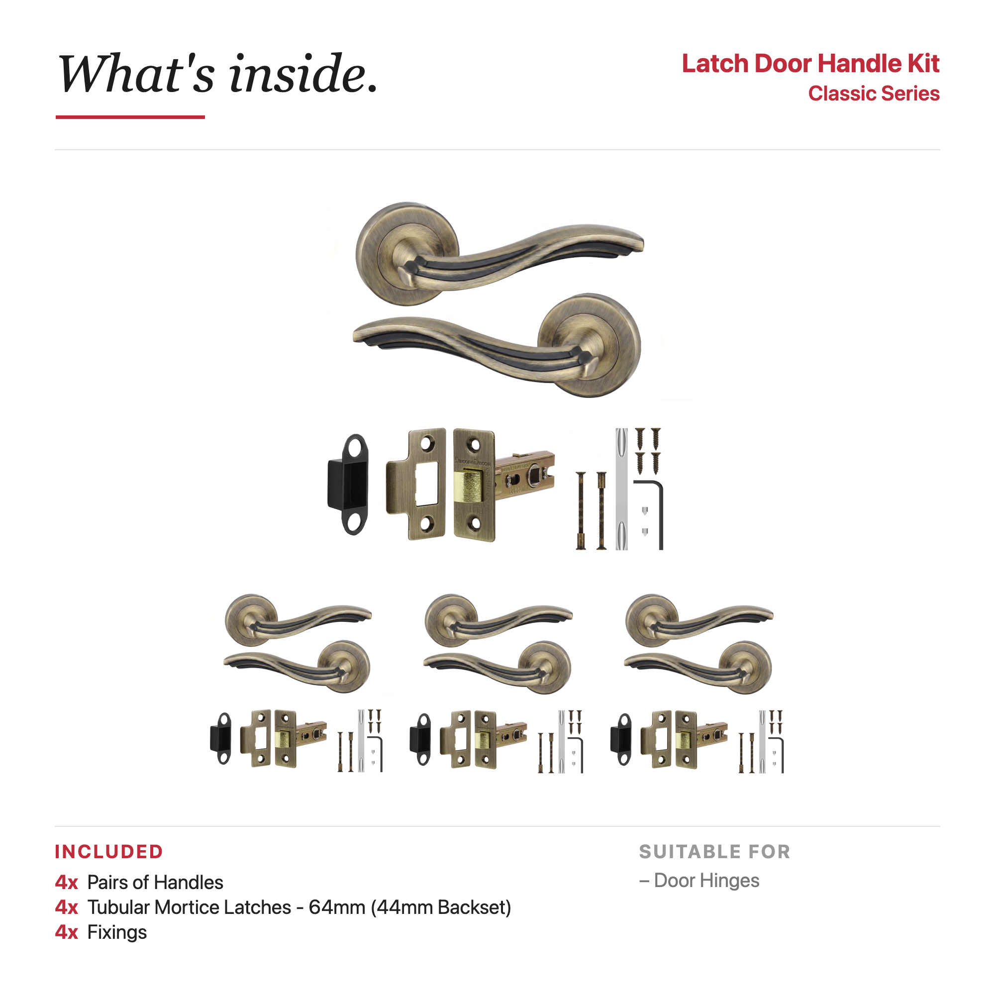 Solace Antique Brass Passage Door Lever Handles – showing what's included in the box