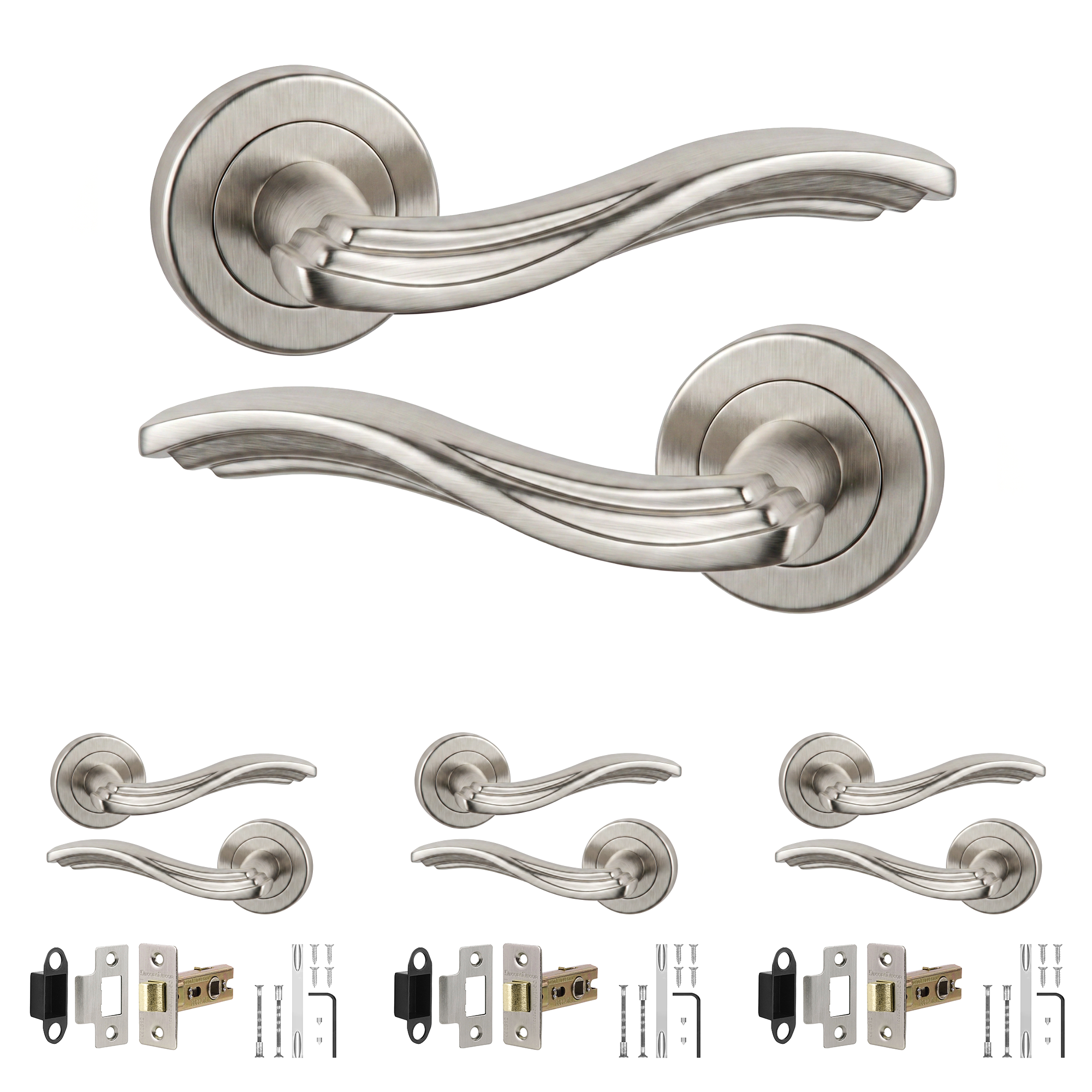 Solace Satin Nickel Passage Door Lever Handles - Latch Kit 76mm - Pack of 4