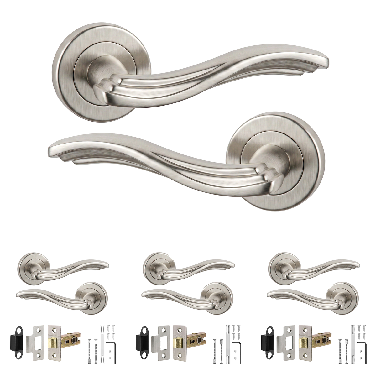 Solace Satin Nickel Passage Door Lever Handles - Latch Kit 64mm - Pack of 4