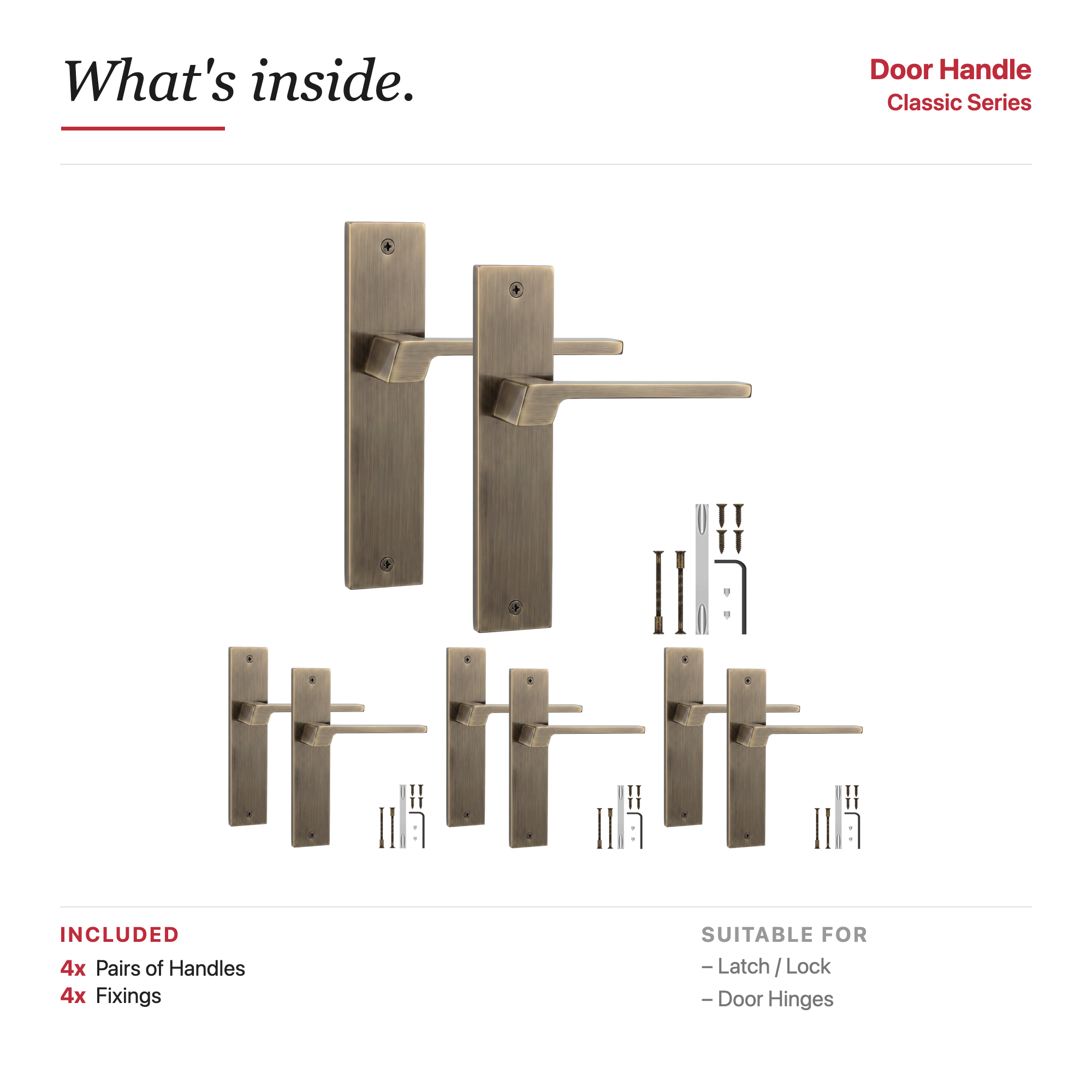 Spectra Antique Brass Door Lever Handles on Backplate – showing what's included in the box