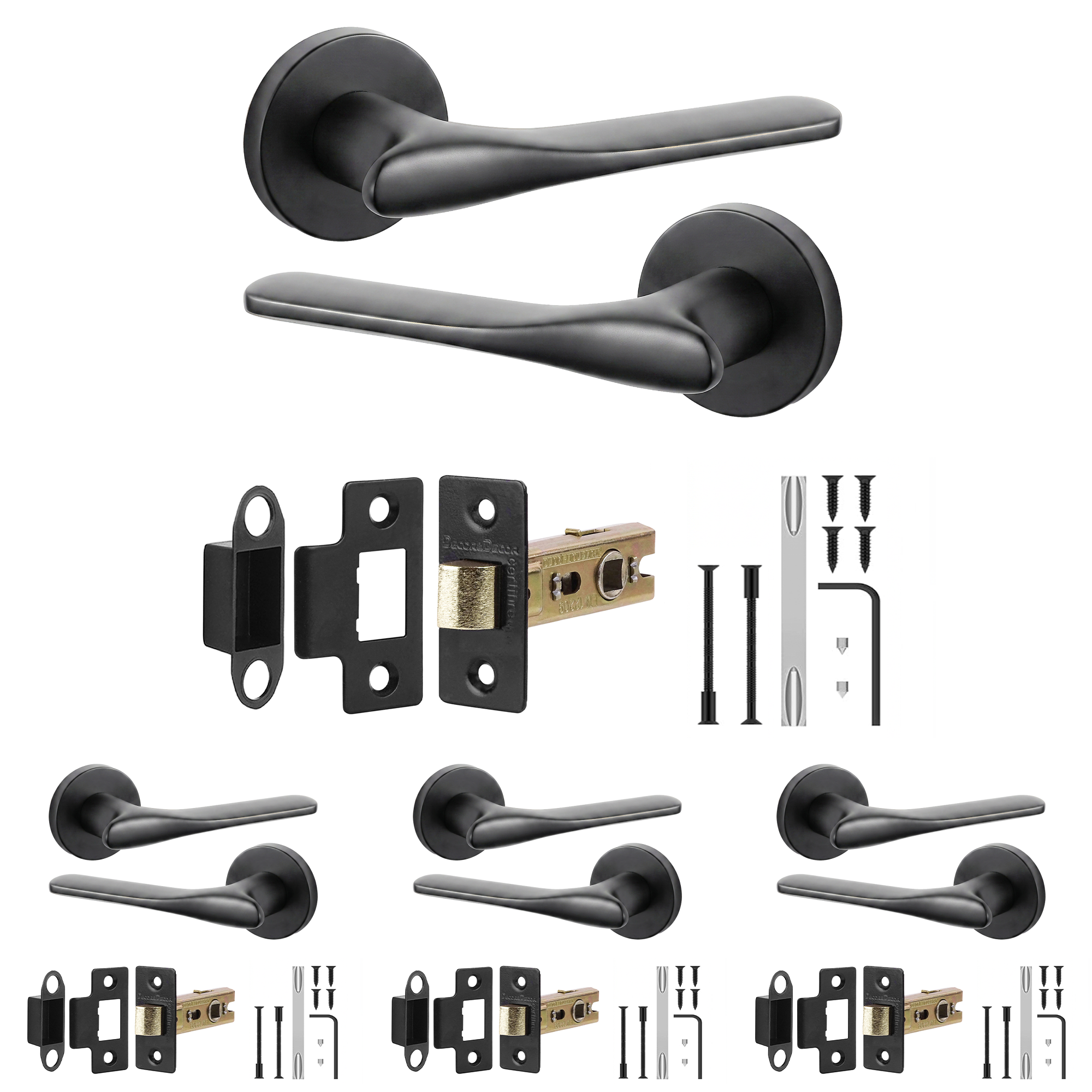 Verita Matt Black Passage Door Lever Handles - Latch Kit 64mm - Pack of 4