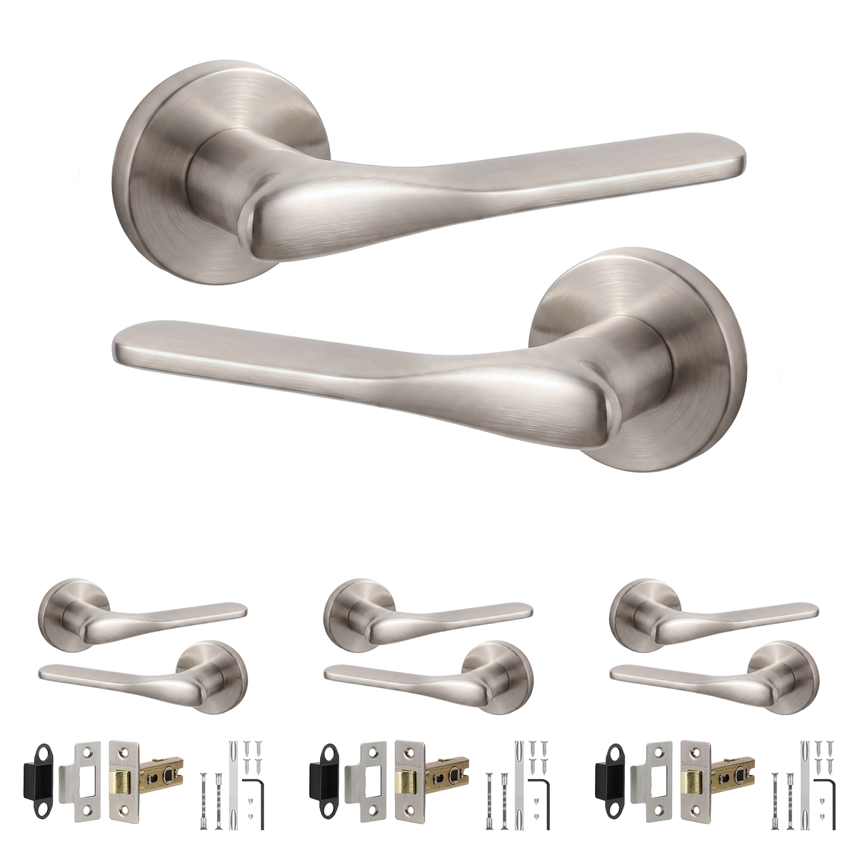 Verita Satin Nickel Passage Door Lever Handles - Latch Kit 64mm - Pack of 4
