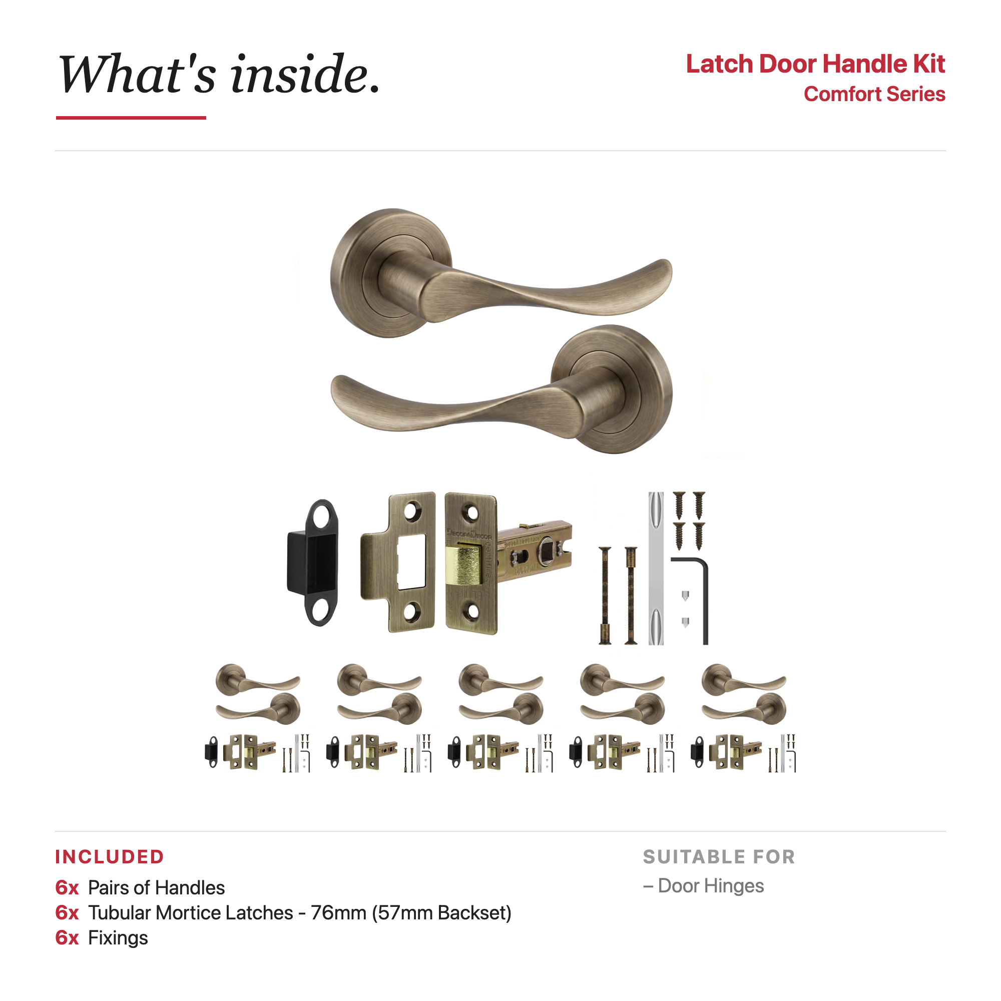 Nimbus Antique Brass Passage Door Lever Handles – showing what's included in the box