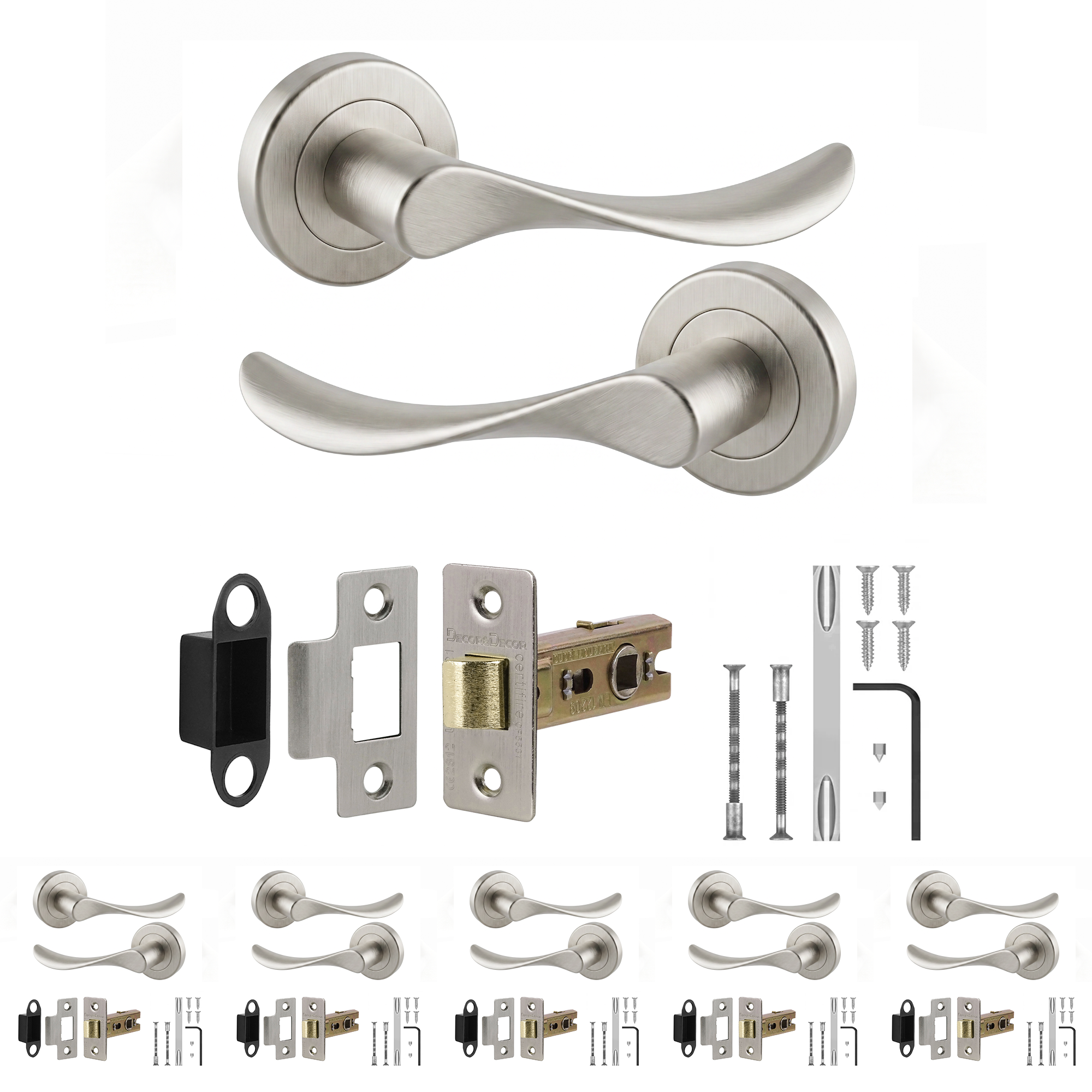 Nimbus Satin Nickel Passage Door Lever Handles - Latch Kit 76mm - Pack of 6