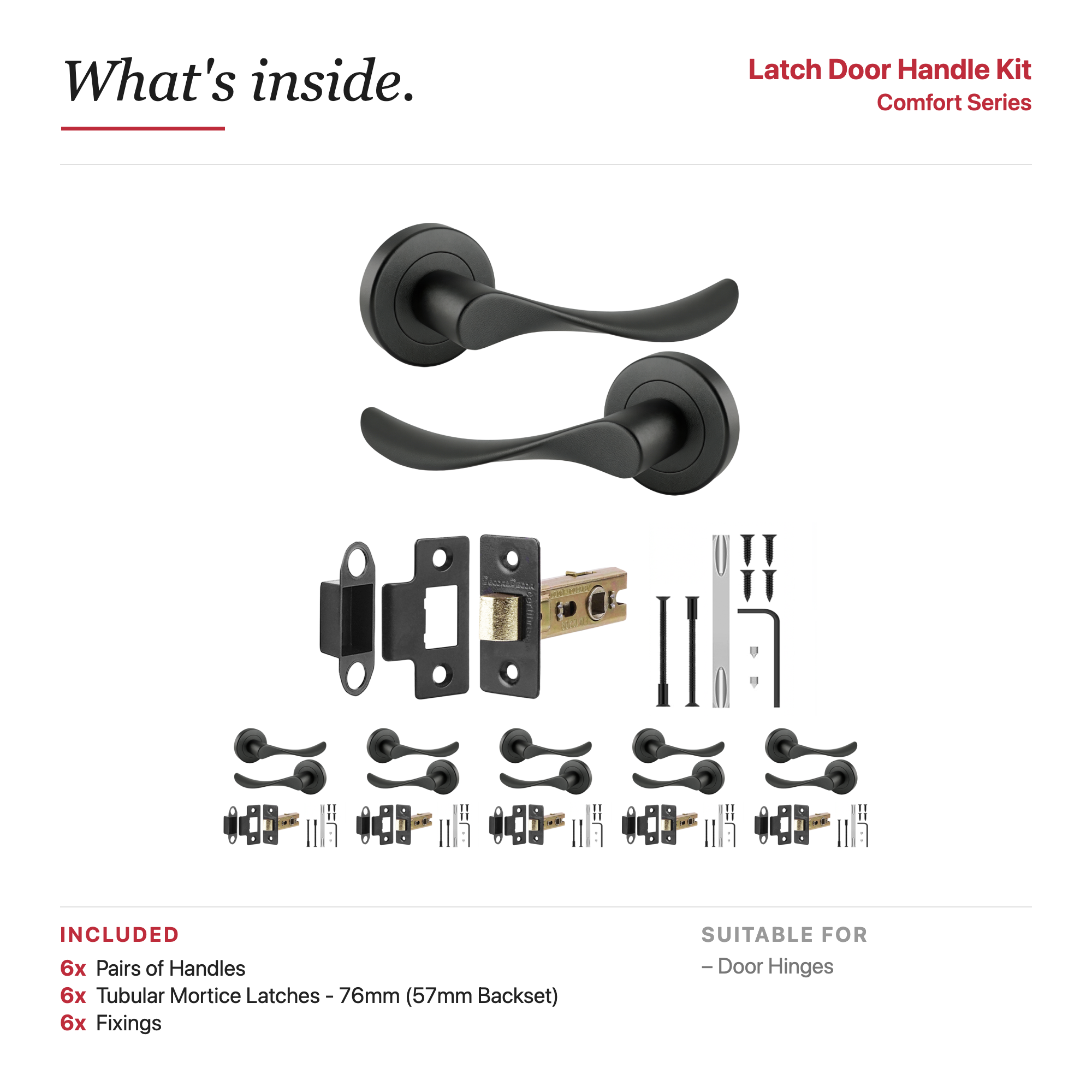 Nimbus Matt Black Passage Door Lever Handles – showing what's included in the box