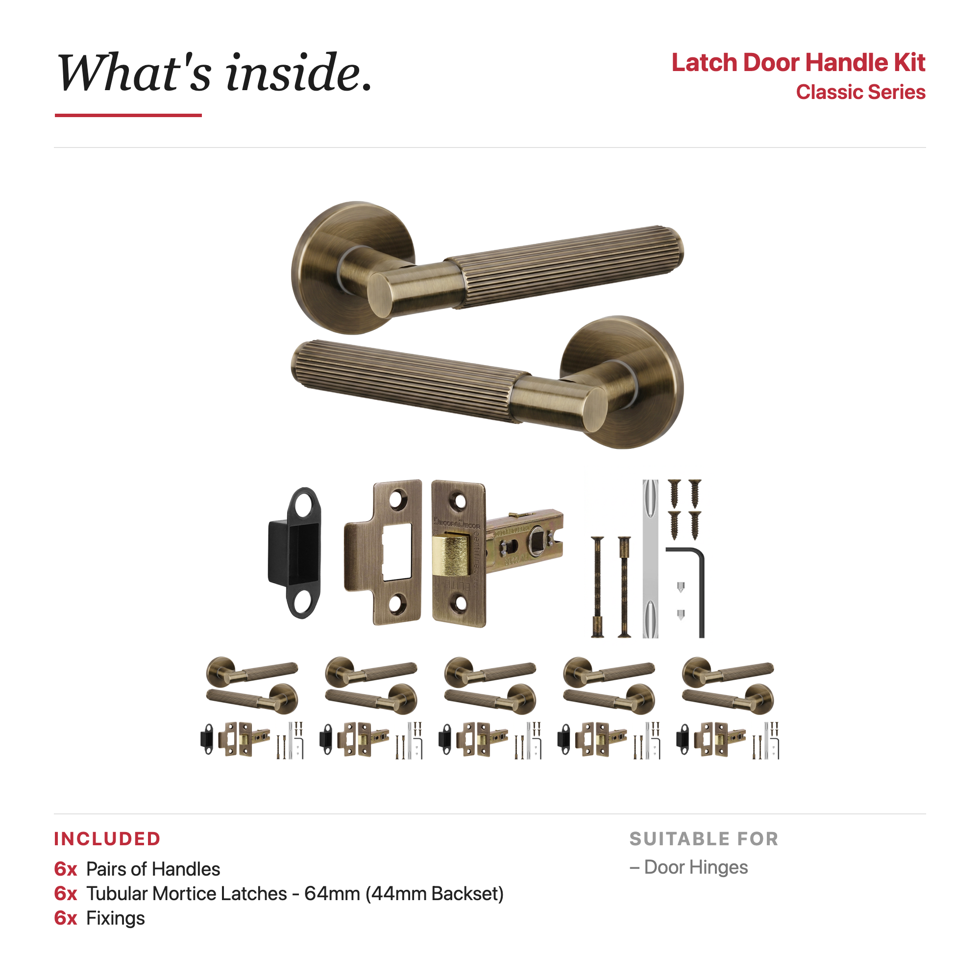 Hera Antique Brass Passage Door Lever Handles – showing what's included in the box