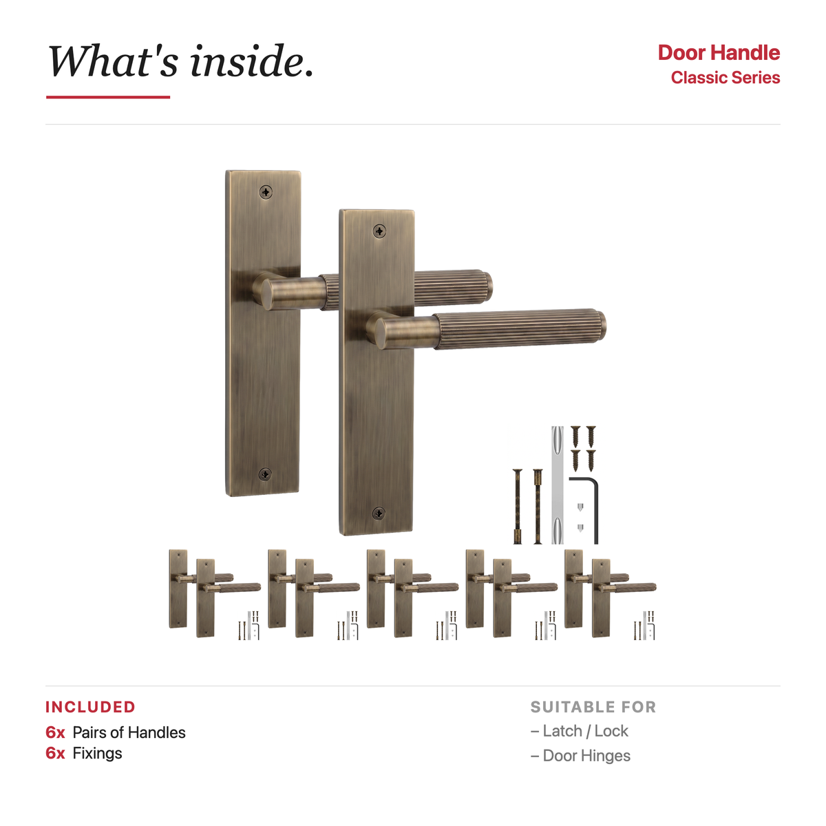 Hera Antique Brass Door Lever Handles on Backplate – showing what's included in the box