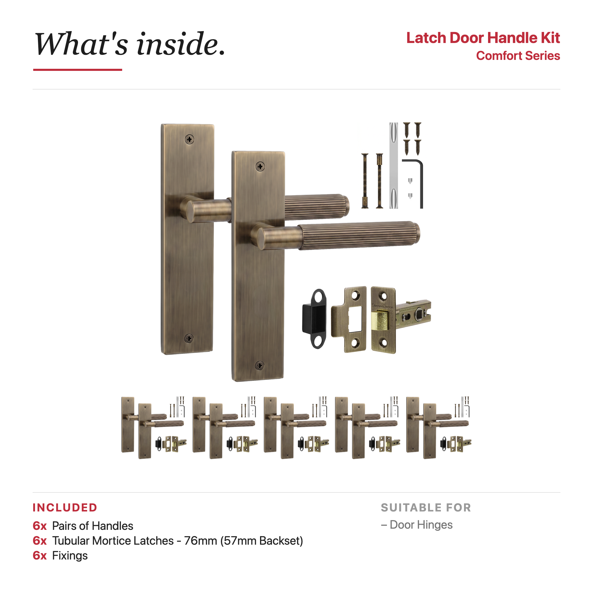 Hera Antique Brass Passage Door Lever Handles on Backplate – showing what's included in the box