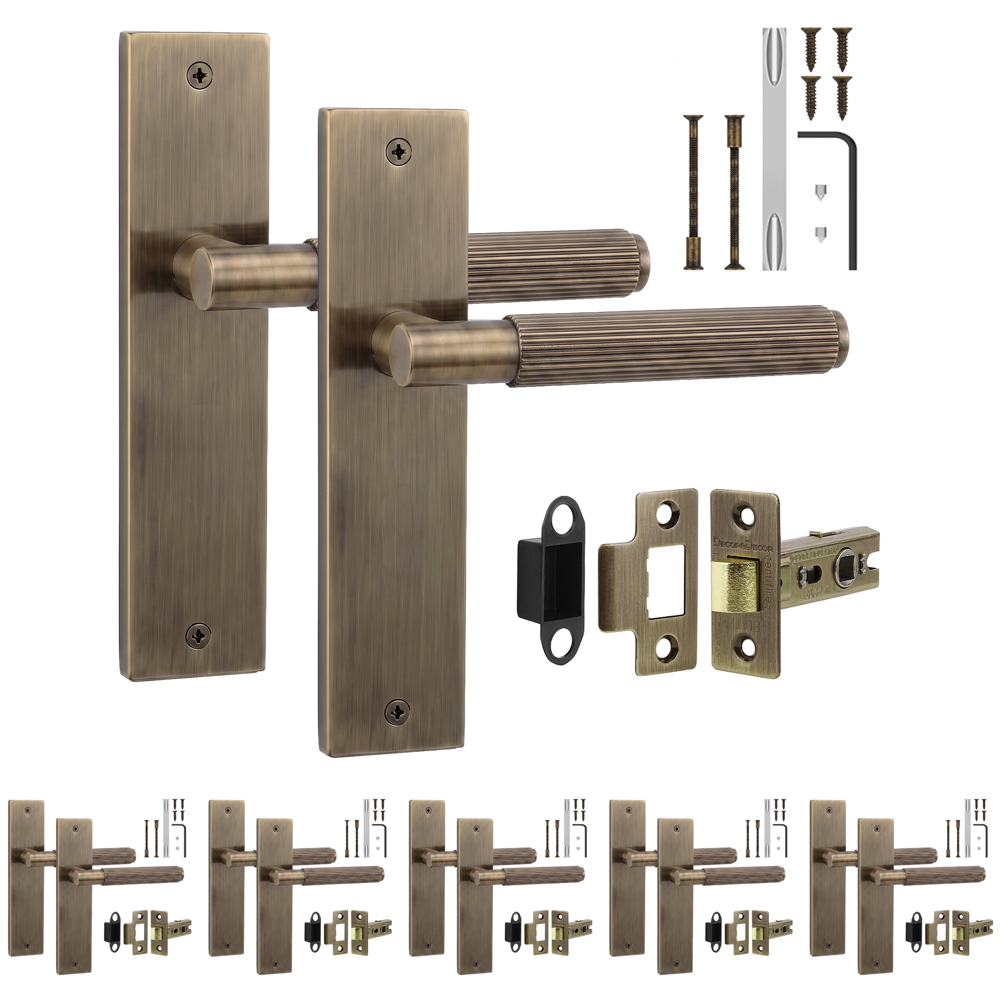 Hera Antique Brass Passage Door Lever Handles on Backplate - Latch Kit 64mm - Pack of 6