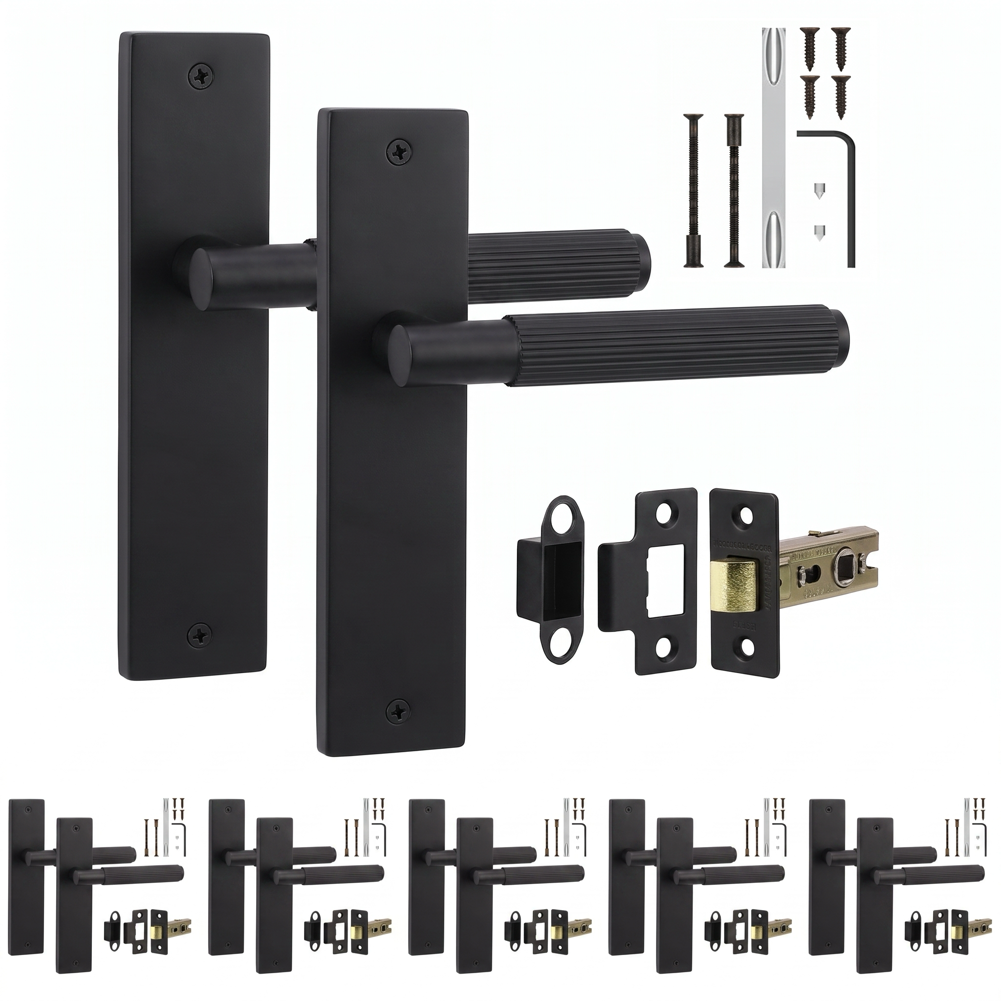 Hera Matt Black Passage Door Lever Handles on Backplate - Latch Kit 76mm - Pack of 6