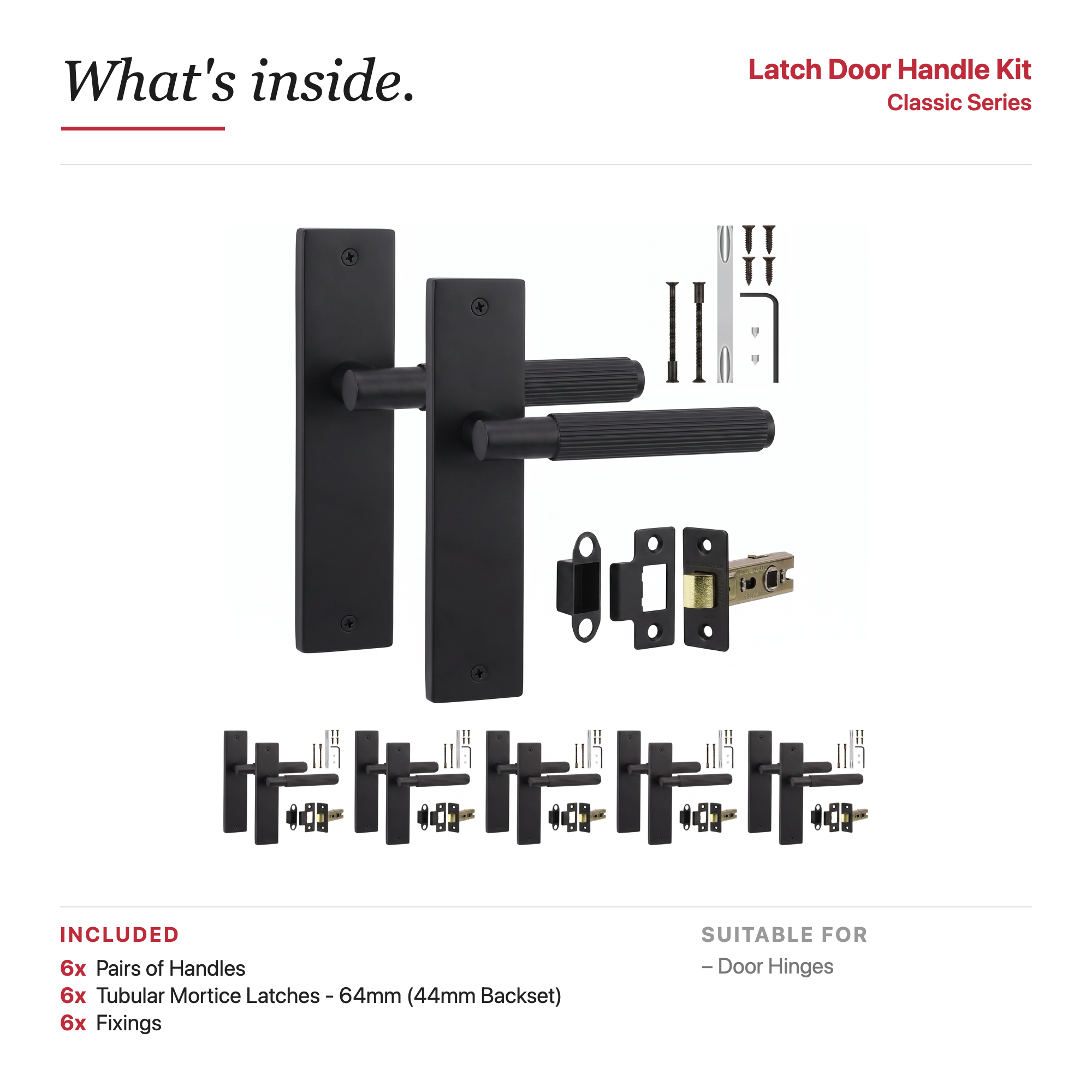 Hera Matt Black Passage Door Lever Handles on Backplate – showing what's included in the box