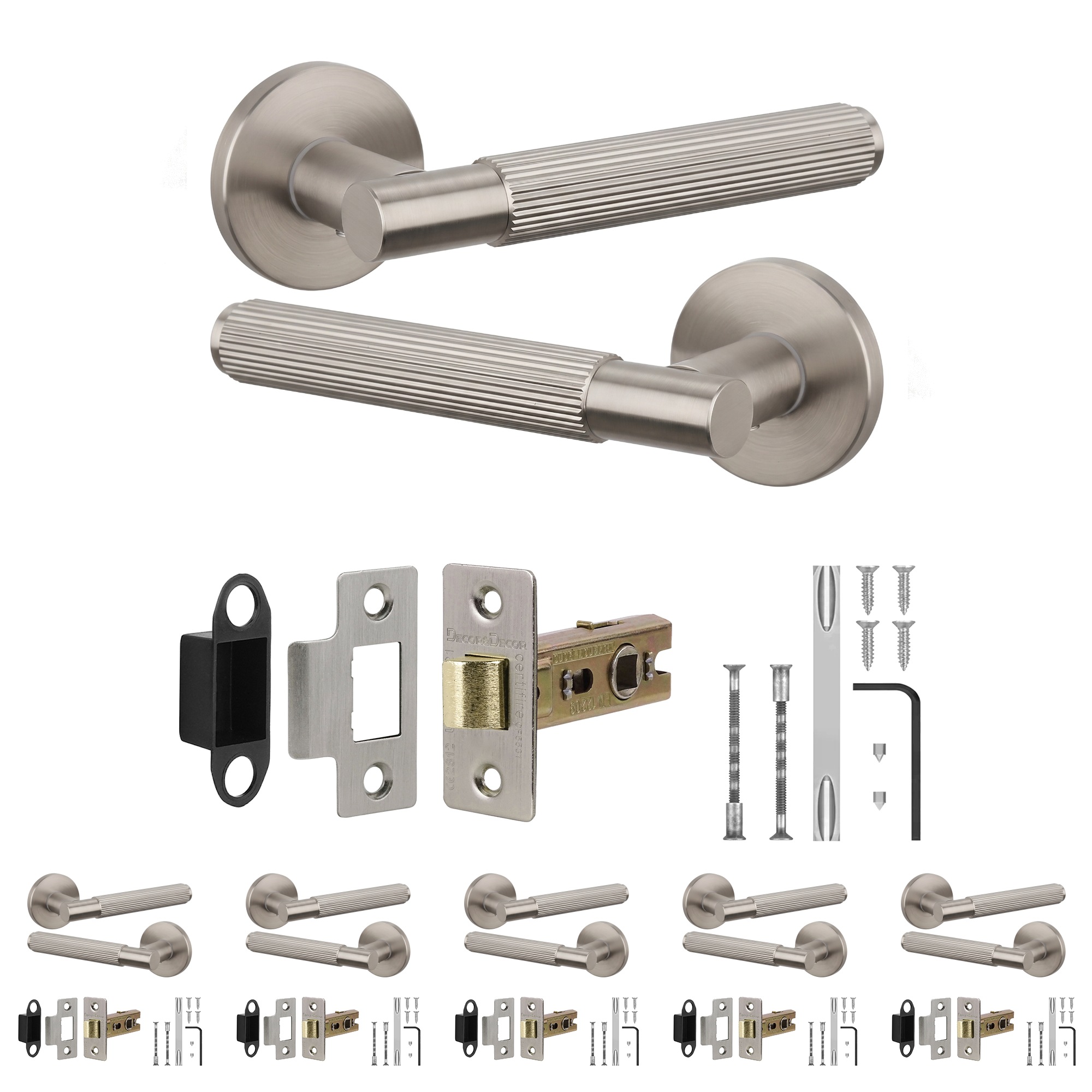 Hera Satin Nickel Passage Door Lever Handles - Latch Kit 76mm - Pack of 6