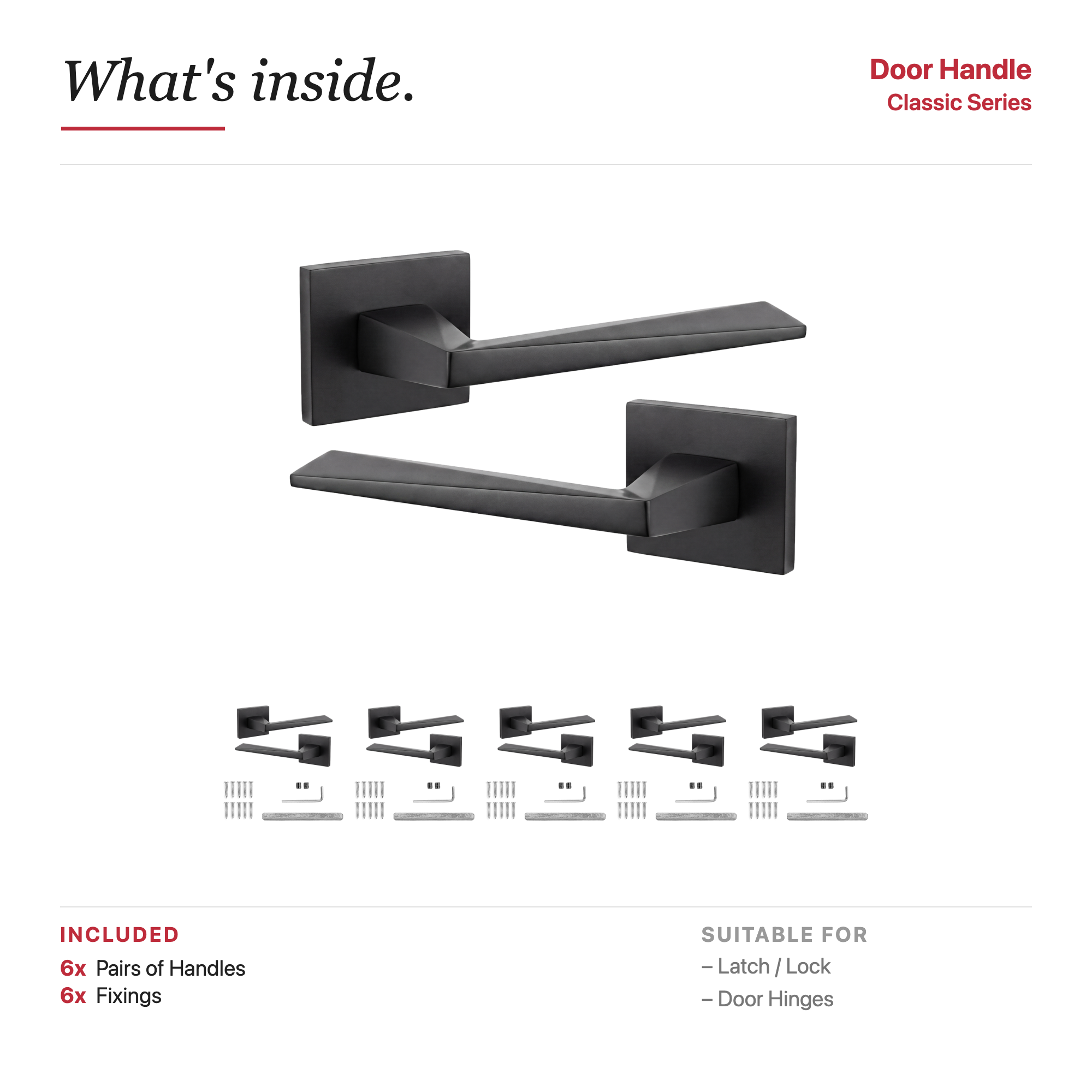 Leda Matt Black Door Lever Handles – showing what's included in the box