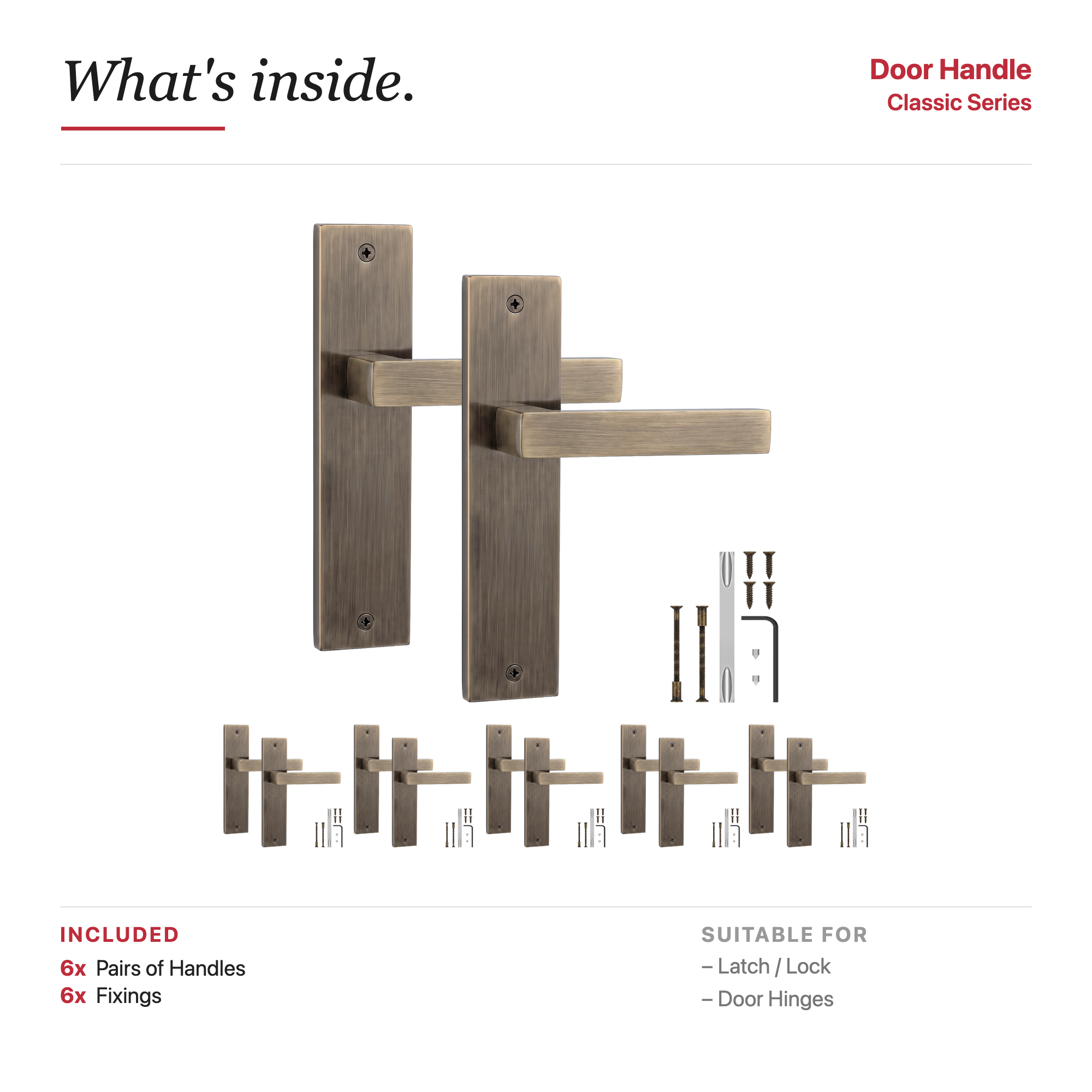 Lumina Antique Brass Door Lever Handles on Backplate – showing what's included in the box