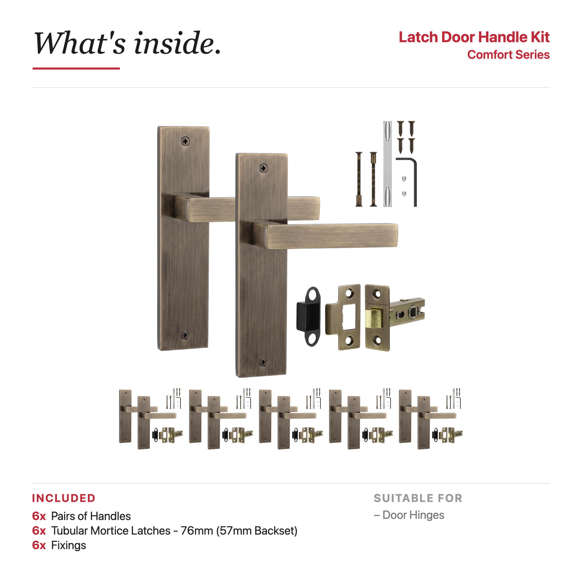 Lumina Antique Brass Passage Door Lever Handles on Backplate – showing what's included in the box