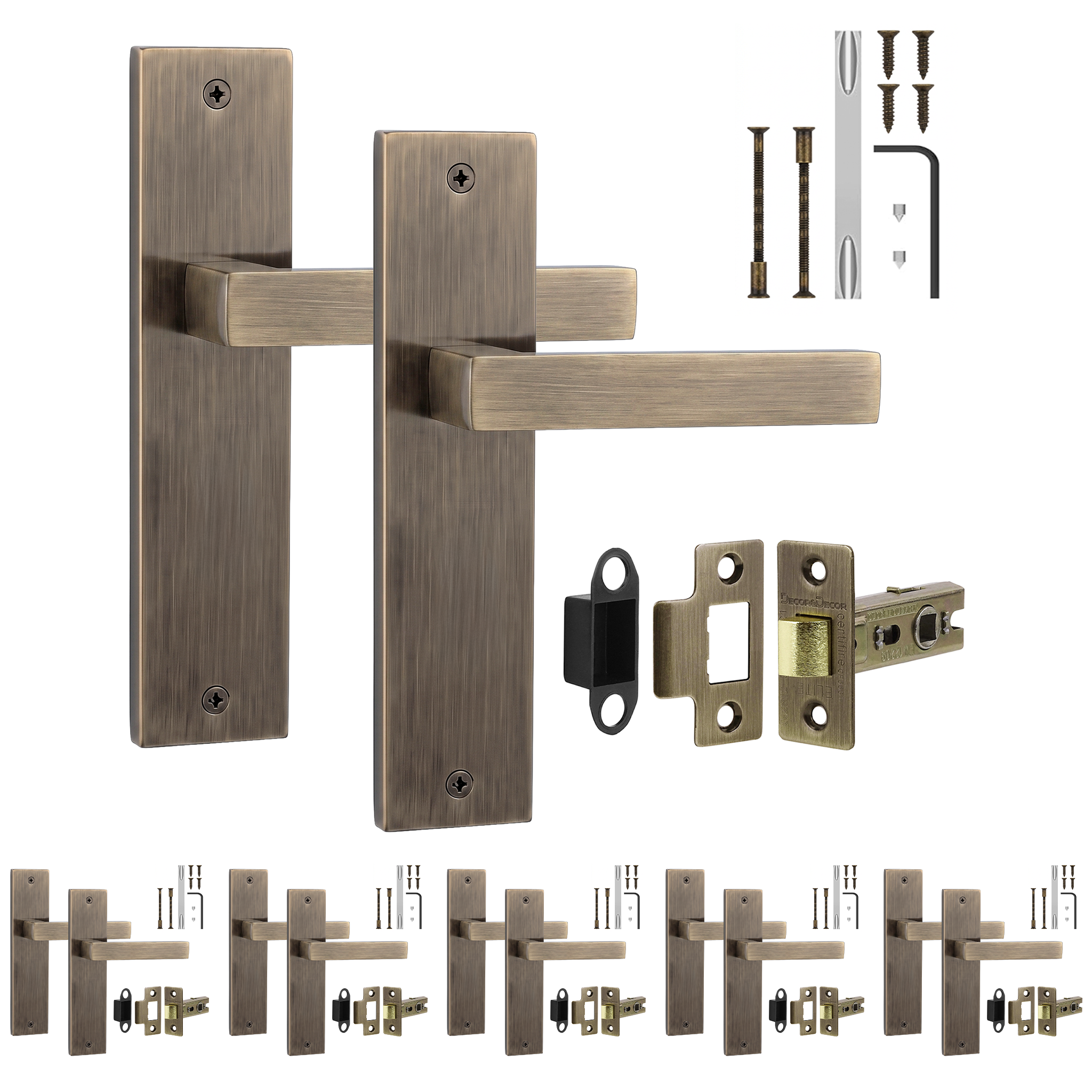 Lumina Antique Brass Passage Door Lever Handles on Backplate - Latch Kit 64mm - Pack of 6