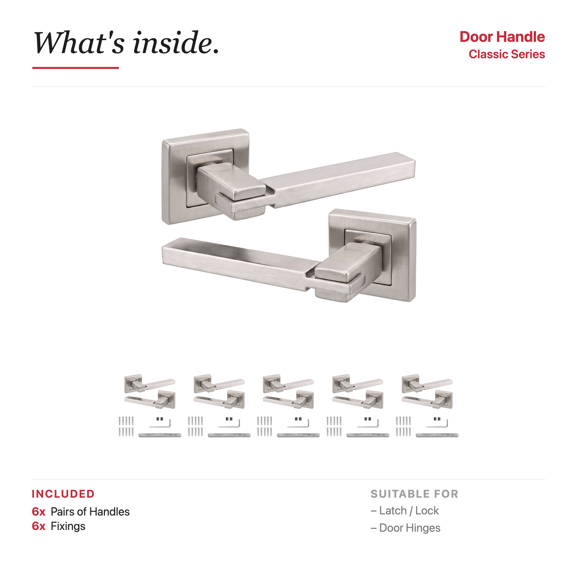 Nexus Satin Nickel Door Lever Handles – showing what's included in the box