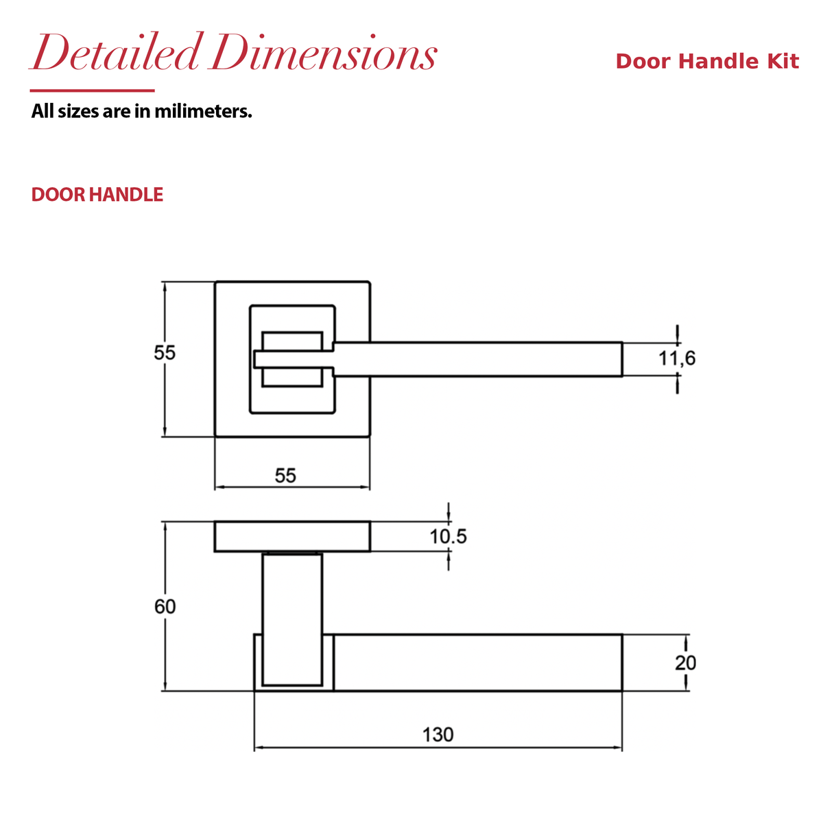 Nexus Duo Finish Door Lever Handles – dimensions and measurements diagram