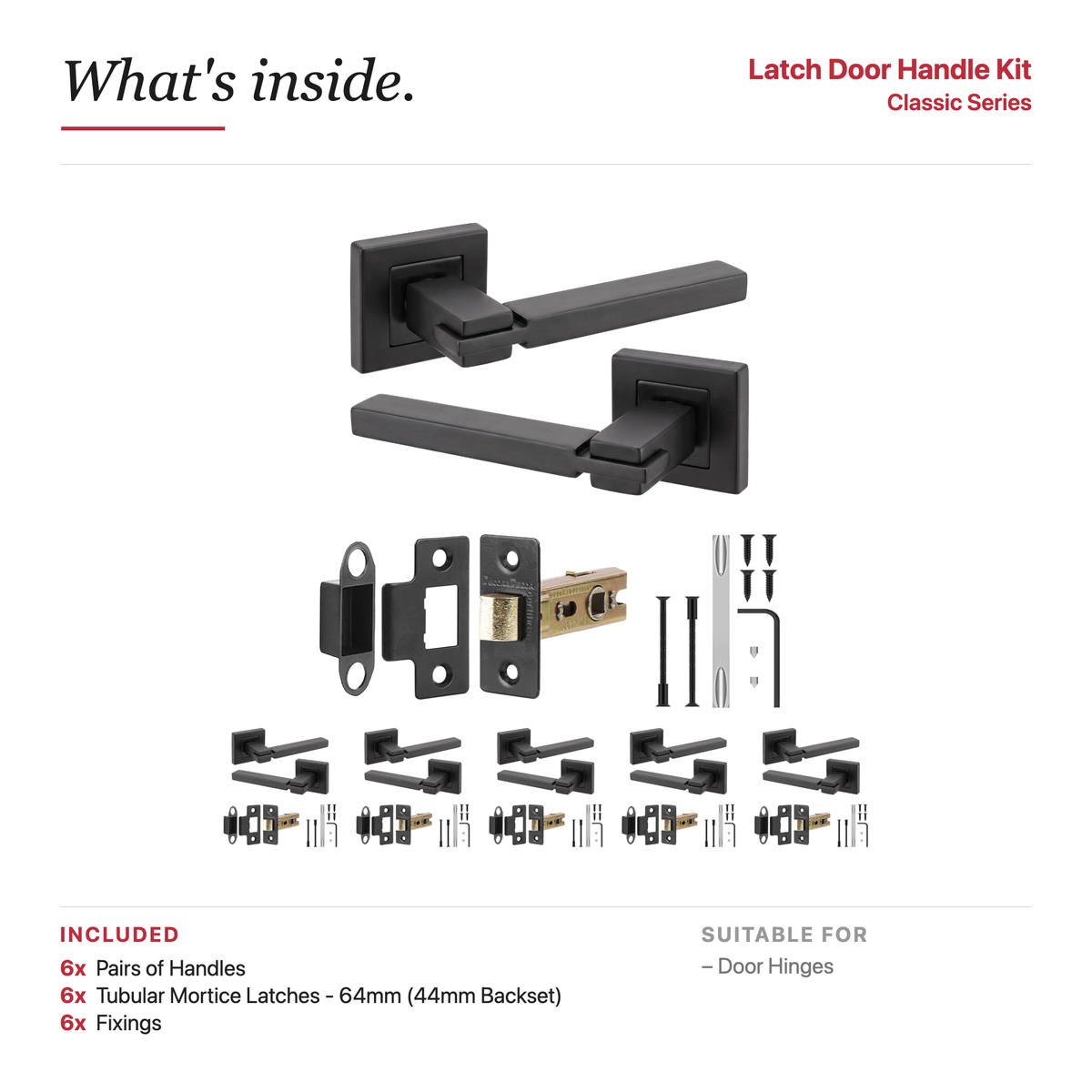 Nexus Matt Black Passage Door Lever Handles – showing what's included in the box
