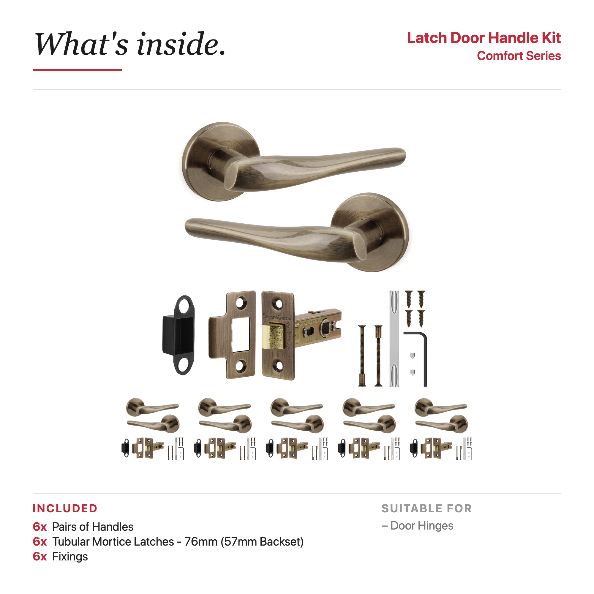 Nanda Antique Brass Passage Door Lever Handles – showing what's included in the box