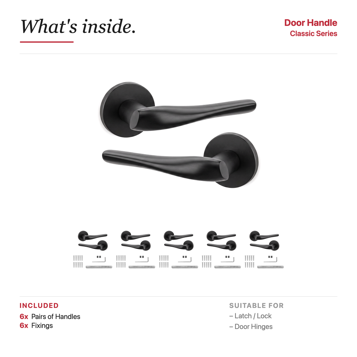 Nanda Matt Black Door Lever Handles – showing what's included in the box