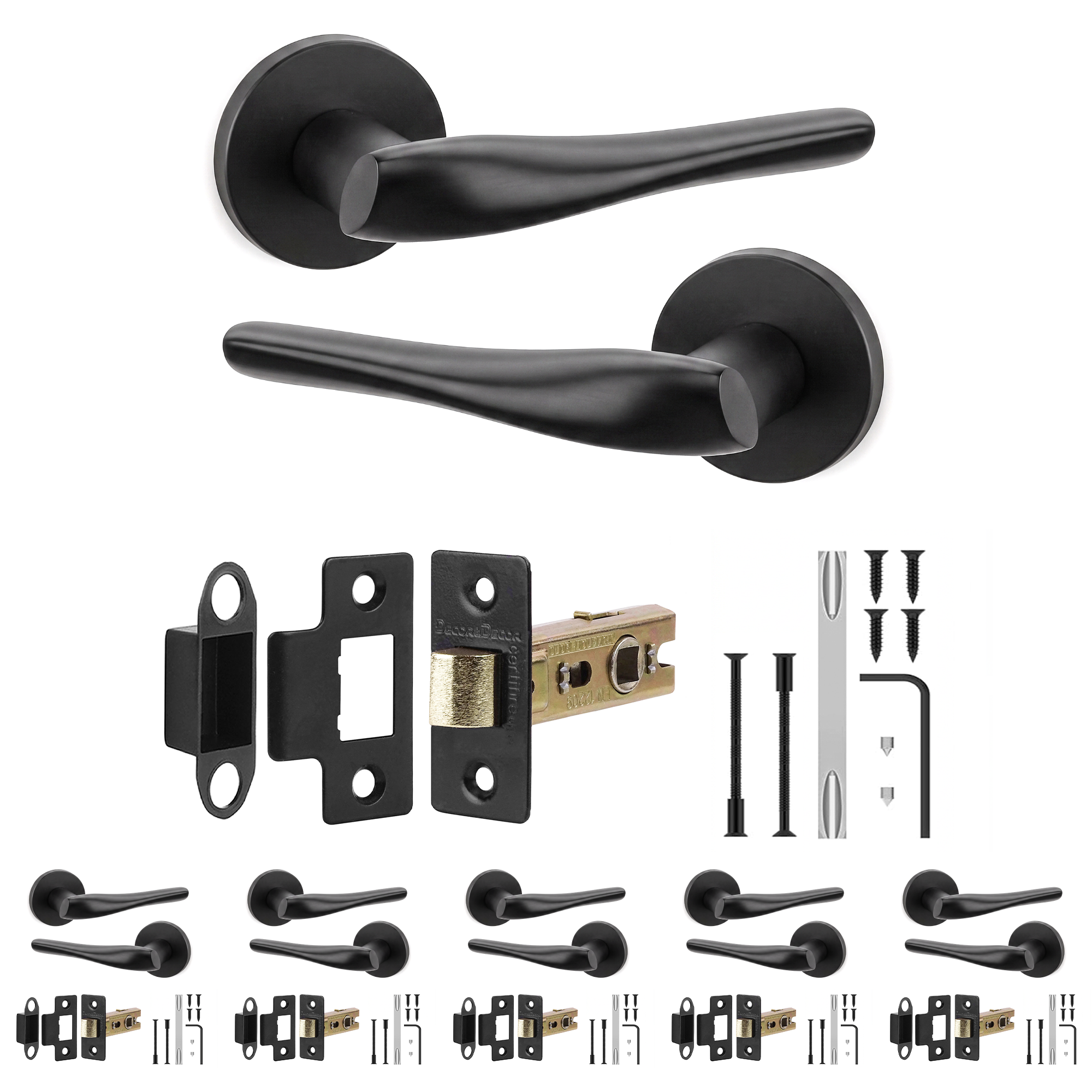 Nanda Matt Black Passage Door Lever Handles - Latch Kit 64mm - Pack of 6