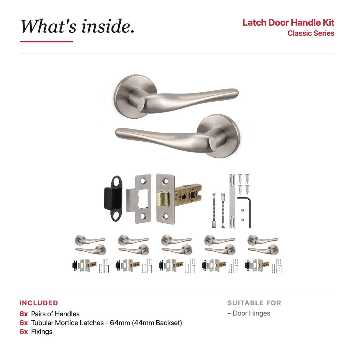 Nanda Satin Nickel Passage Door Lever Handles – showing what's included in the box