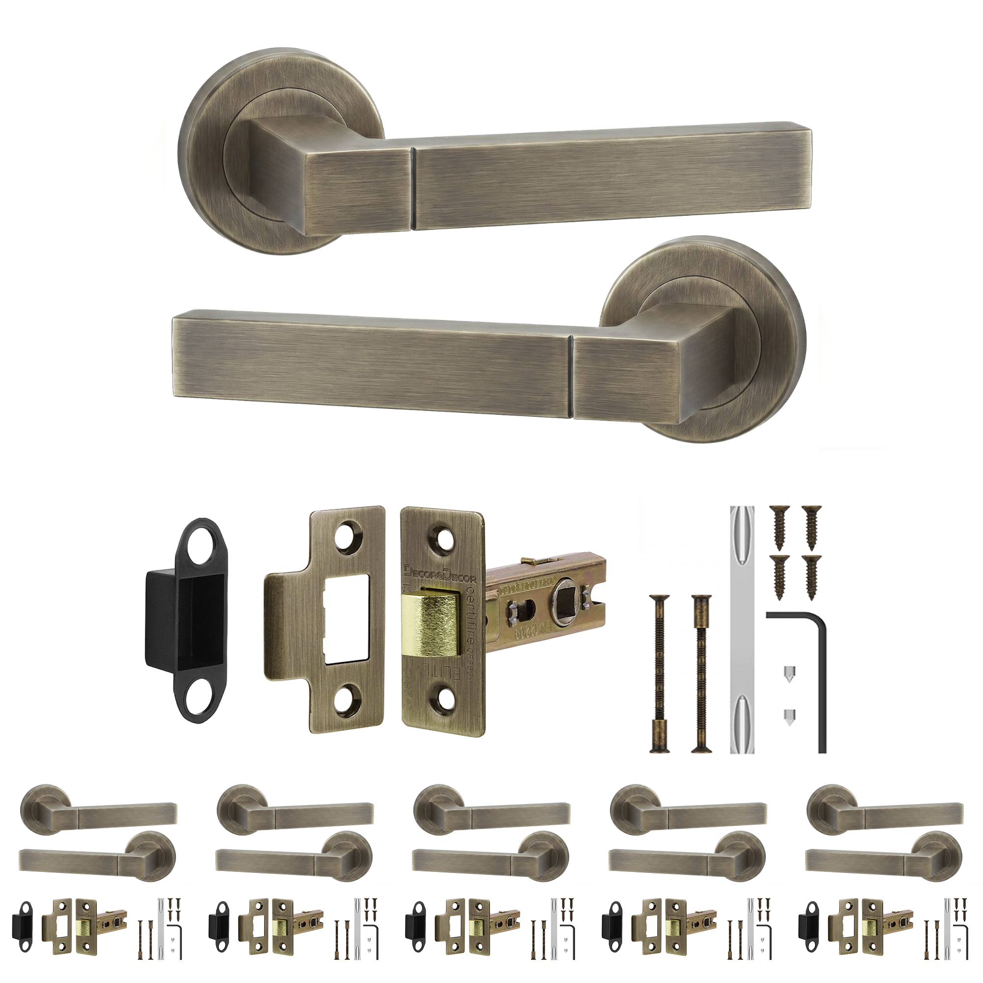 Lumina Antique Brass Passage Door Lever Handles - Latch Kit 76mm - Pack of 6