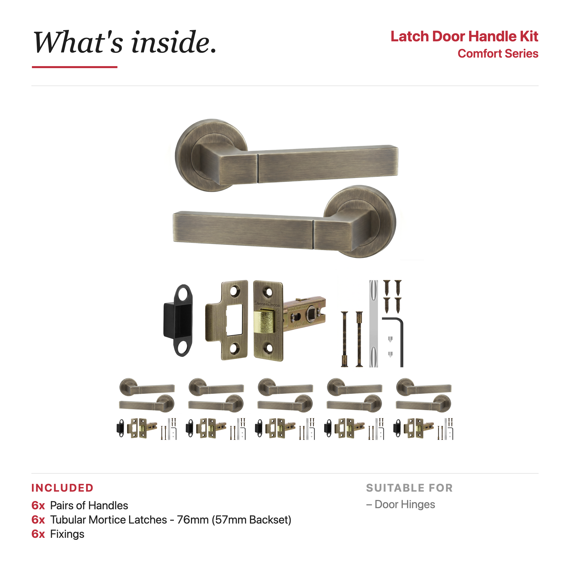 Lumina Antique Brass Passage Door Lever Handles – showing what's included in the box