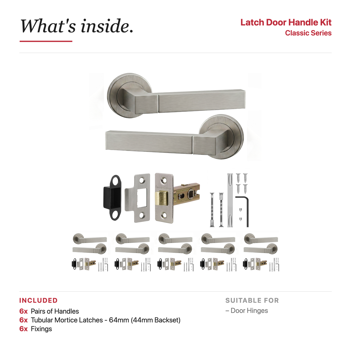 Lumina Satin Nickel Passage Door Lever Handles – showing what's included in the box