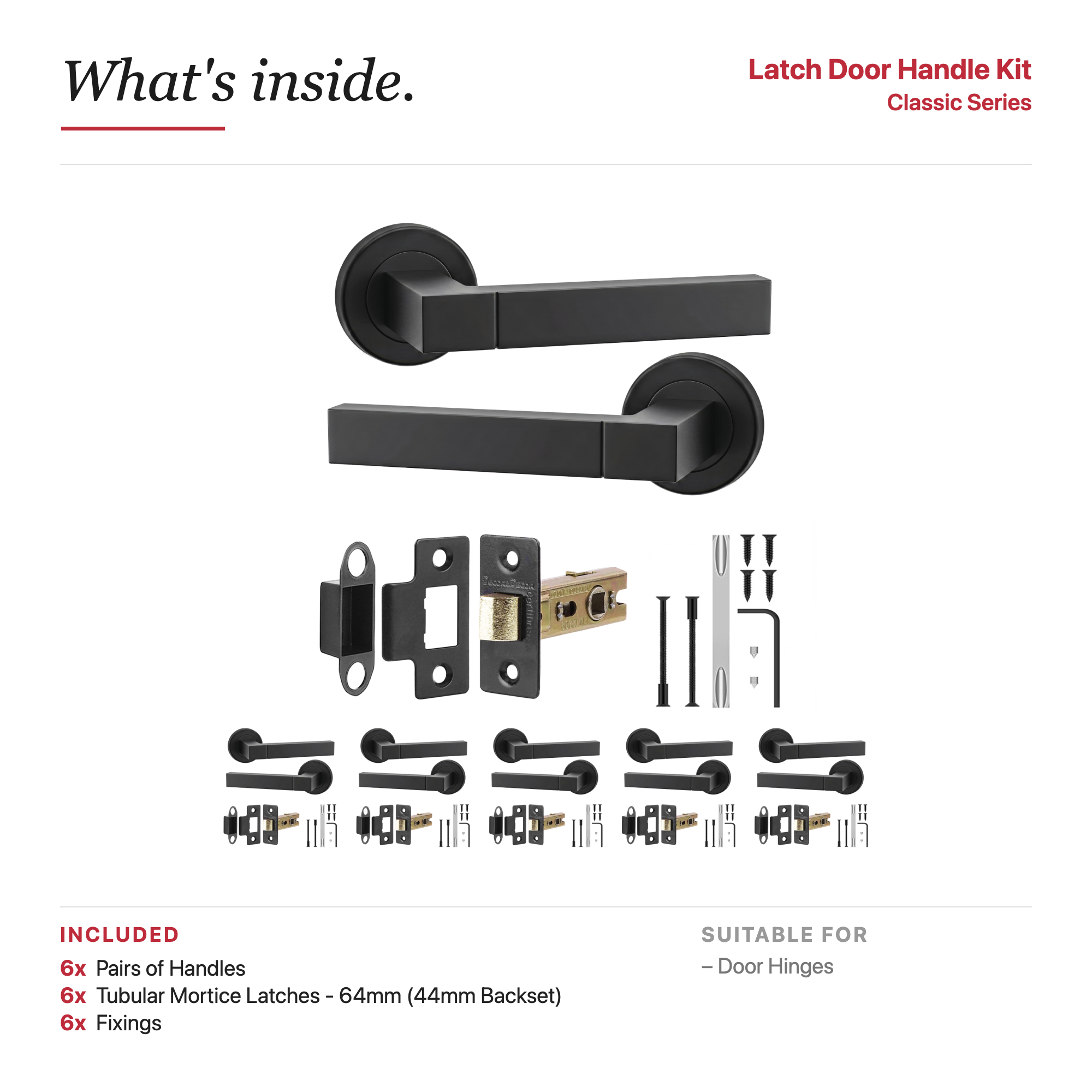 Lumina Matt Black Passage Door Lever Handles – showing what's included in the box