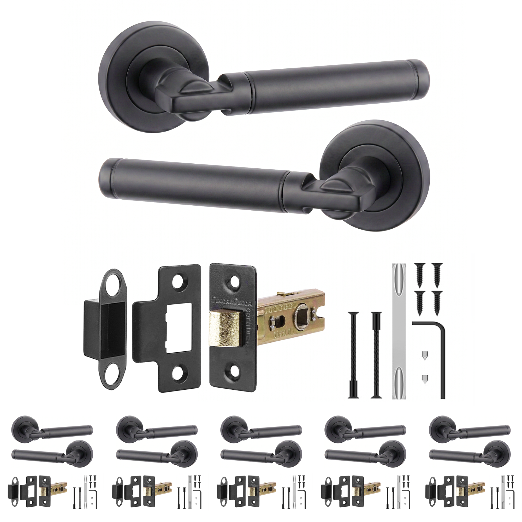 Enigma Matt Black Passage Door Lever Handles - Latch Kit 76mm - Pack of 6