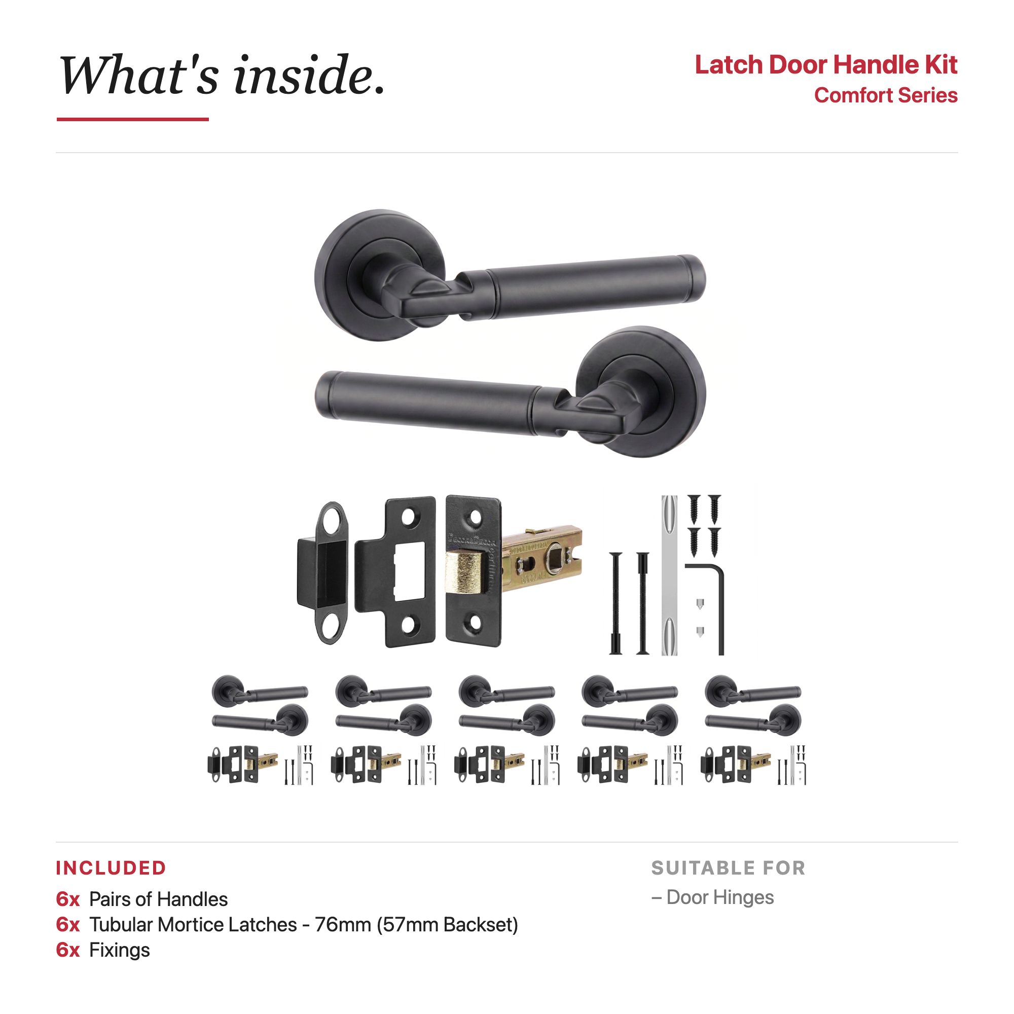 Enigma Matt Black Passage Door Lever Handles – showing what's included in the box