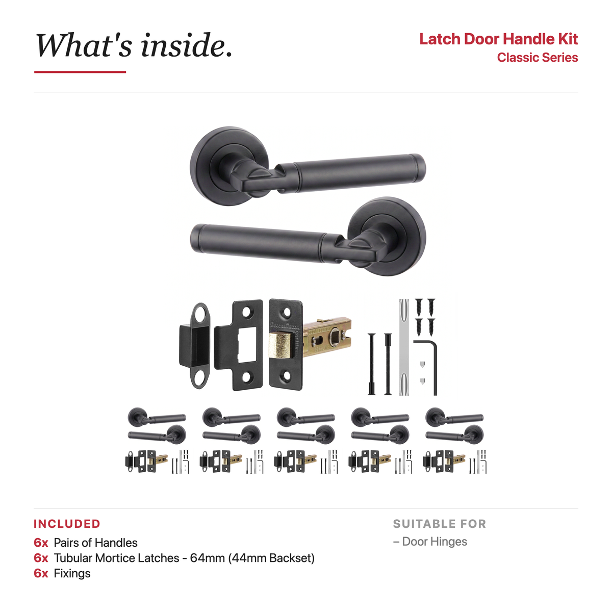 Enigma Matt Black Passage Door Lever Handles – showing what's included in the box