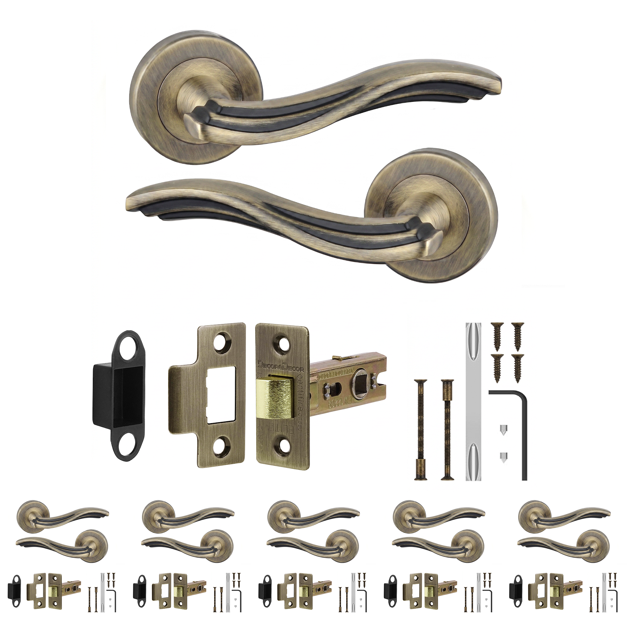 Solace Antique Brass Passage Door Lever Handles - Latch Kit 76mm - Pack of 6
